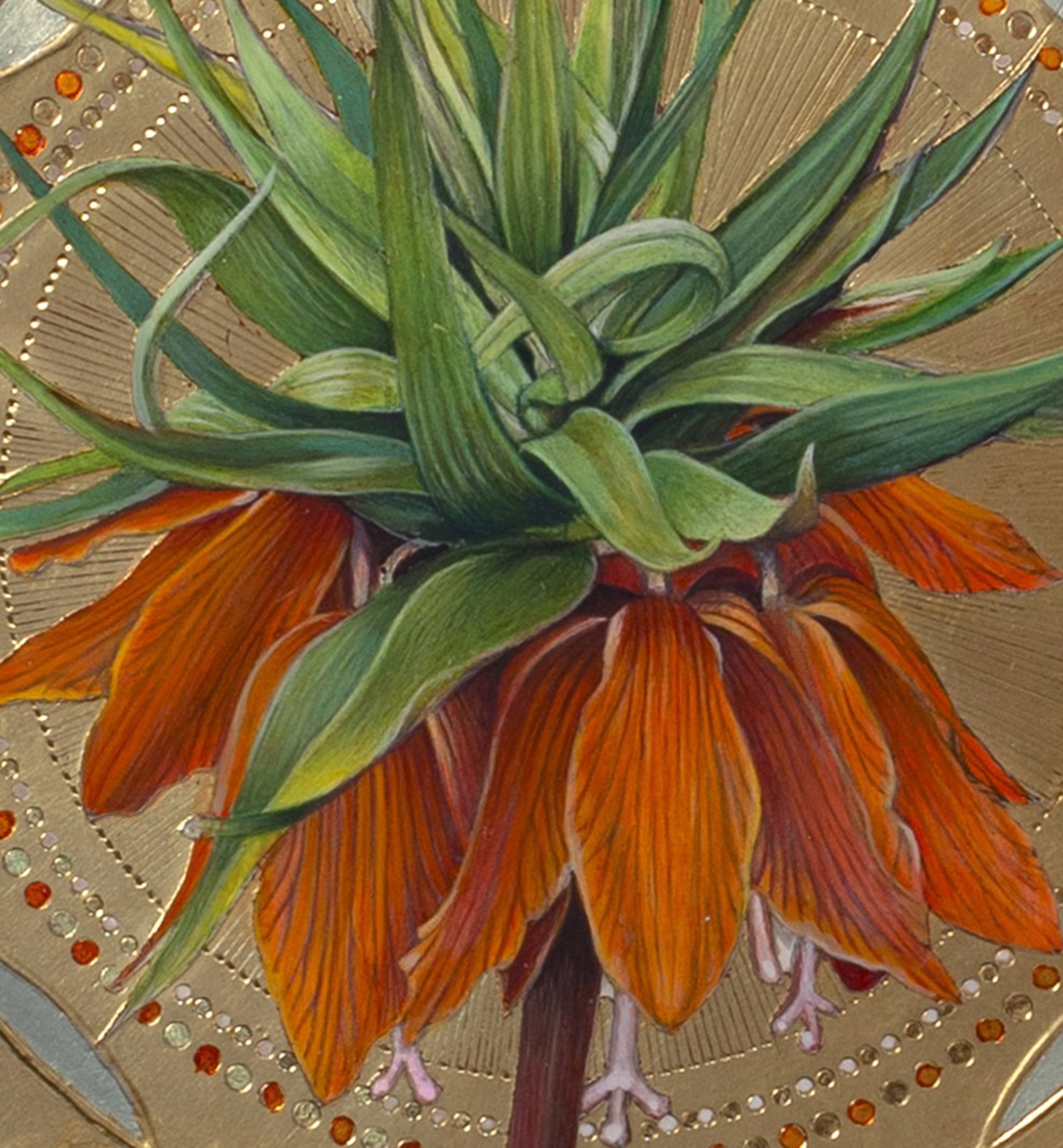 A painting of an orange flower on a gold plate.