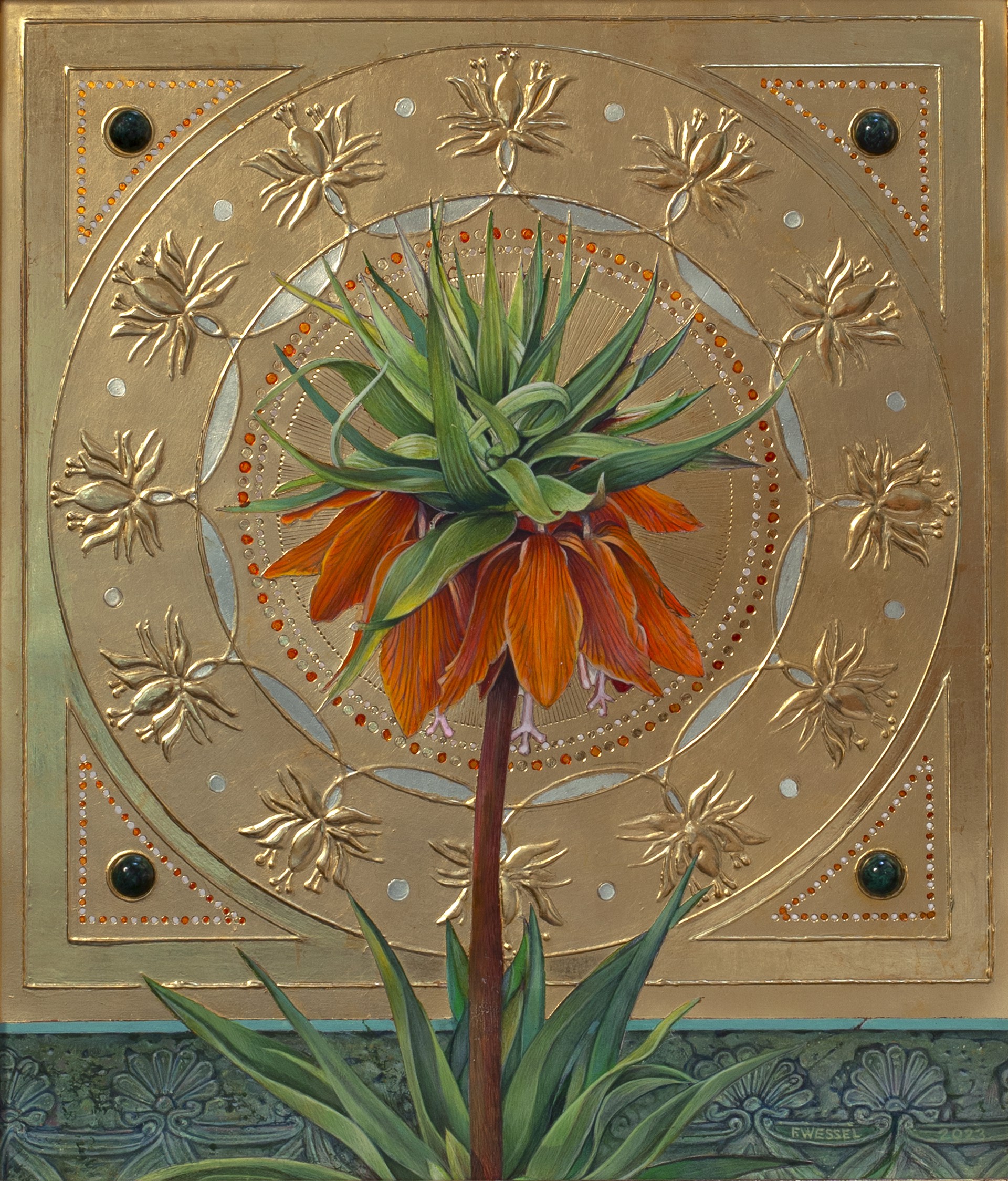 A painting of an orange flower on a gold plate.