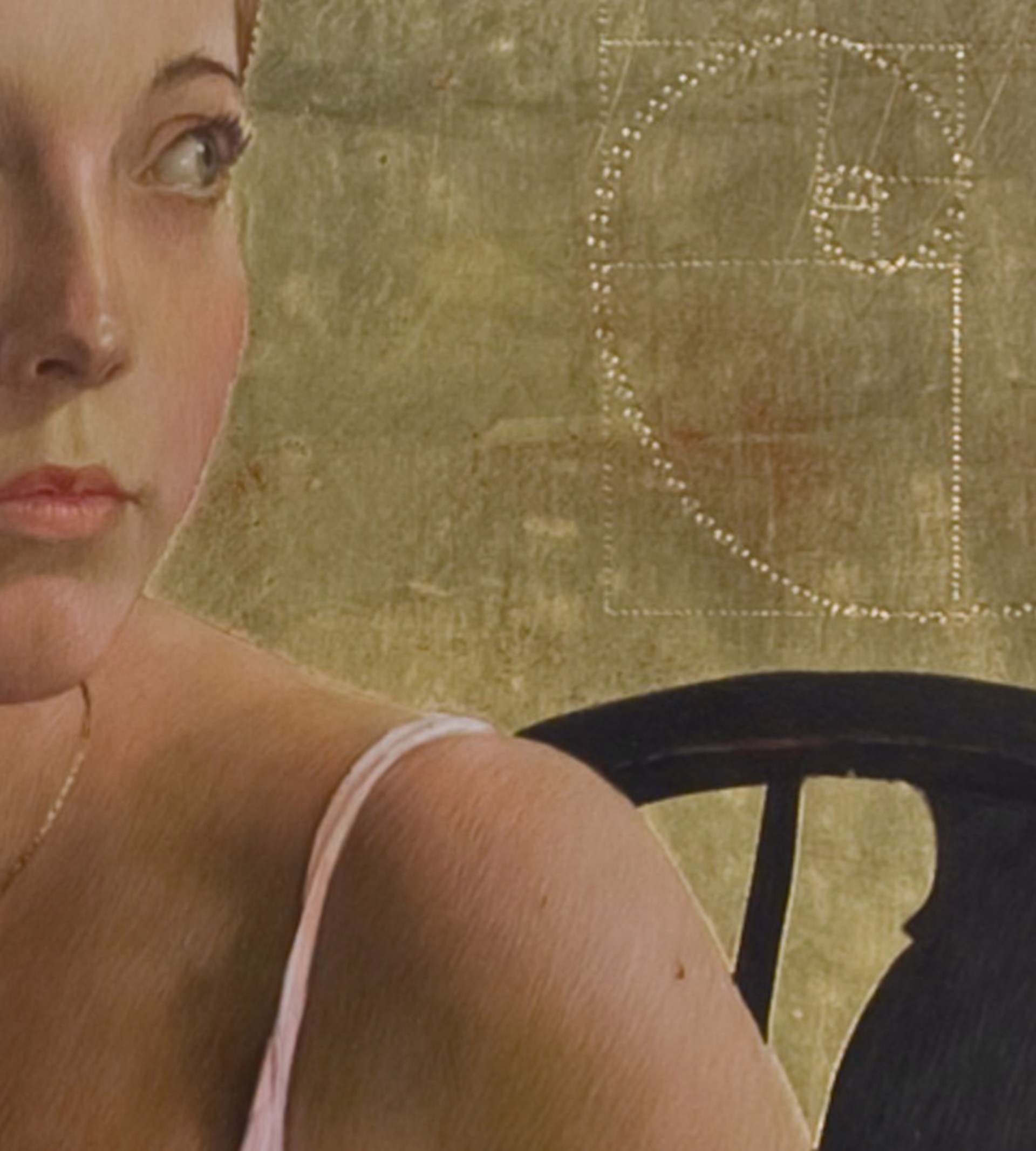 A contemplative figure in a lavender dress sits on a black chair against a golden background filled with geometric patterns.