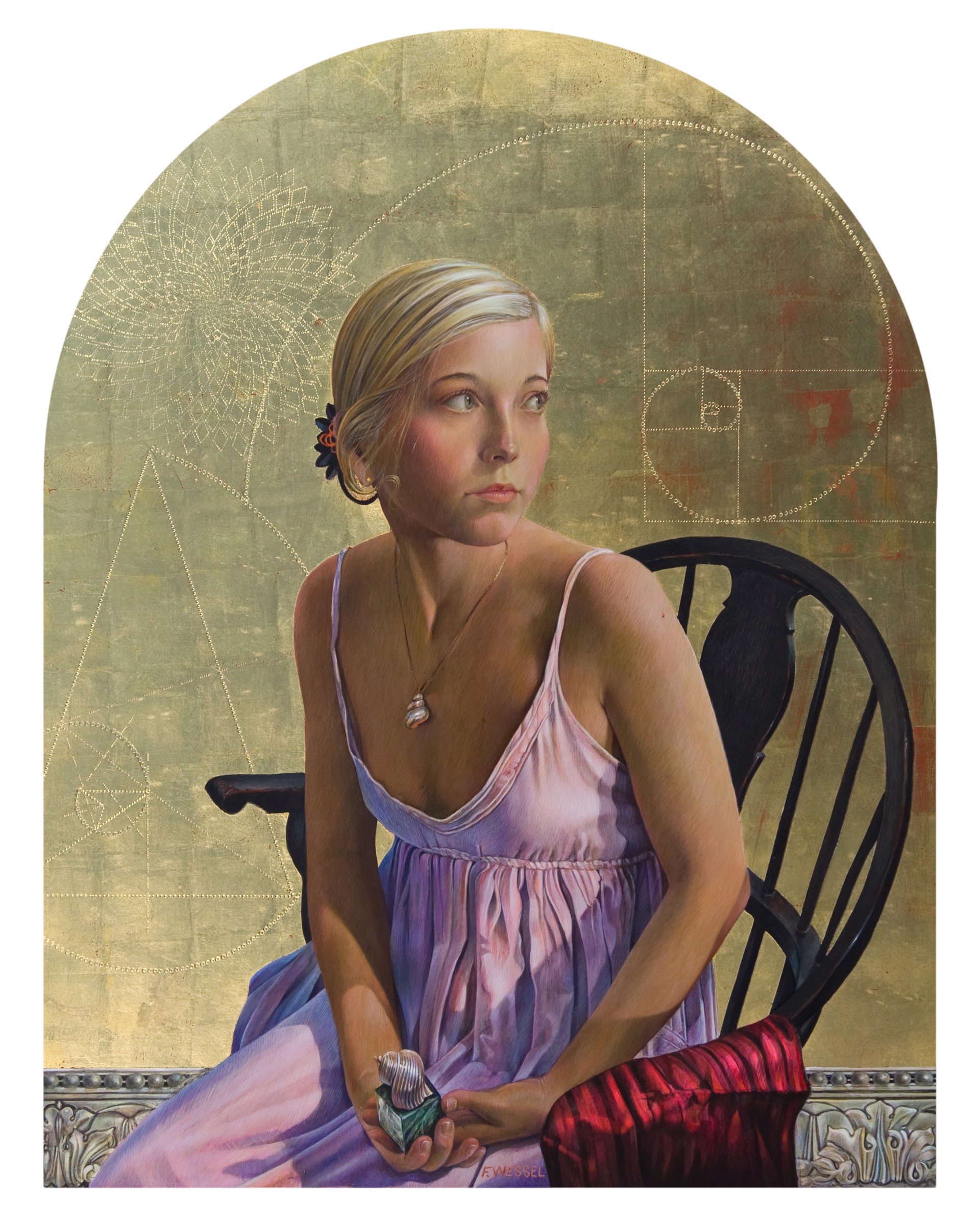 A contemplative figure in a lavender dress sits on a black chair against a golden background filled with geometric patterns.