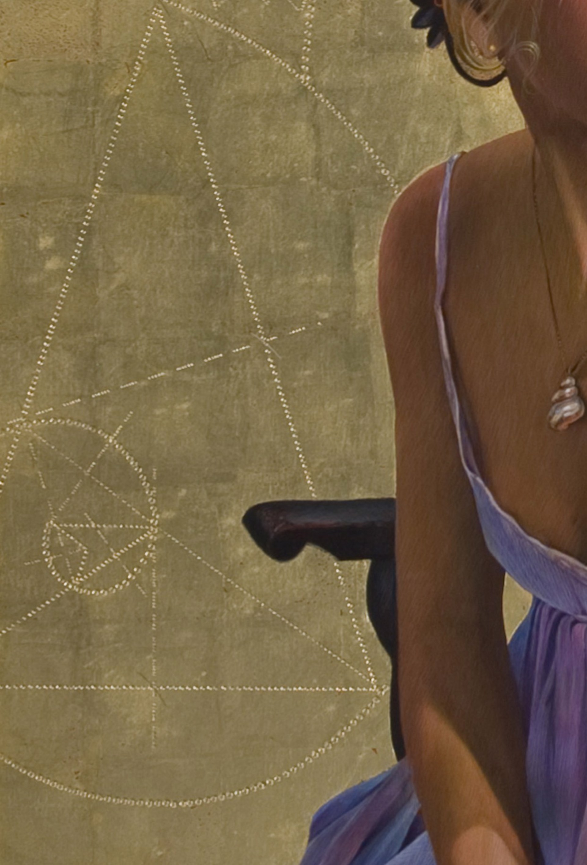 A contemplative figure in a lavender dress sits on a black chair against a golden background filled with geometric patterns.