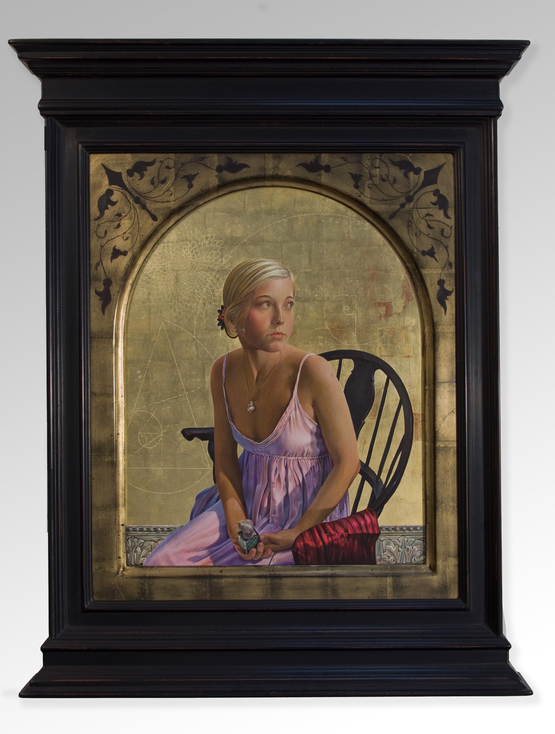 A contemplative figure in a lavender dress sits on a black chair against a golden background filled with geometric patterns.
