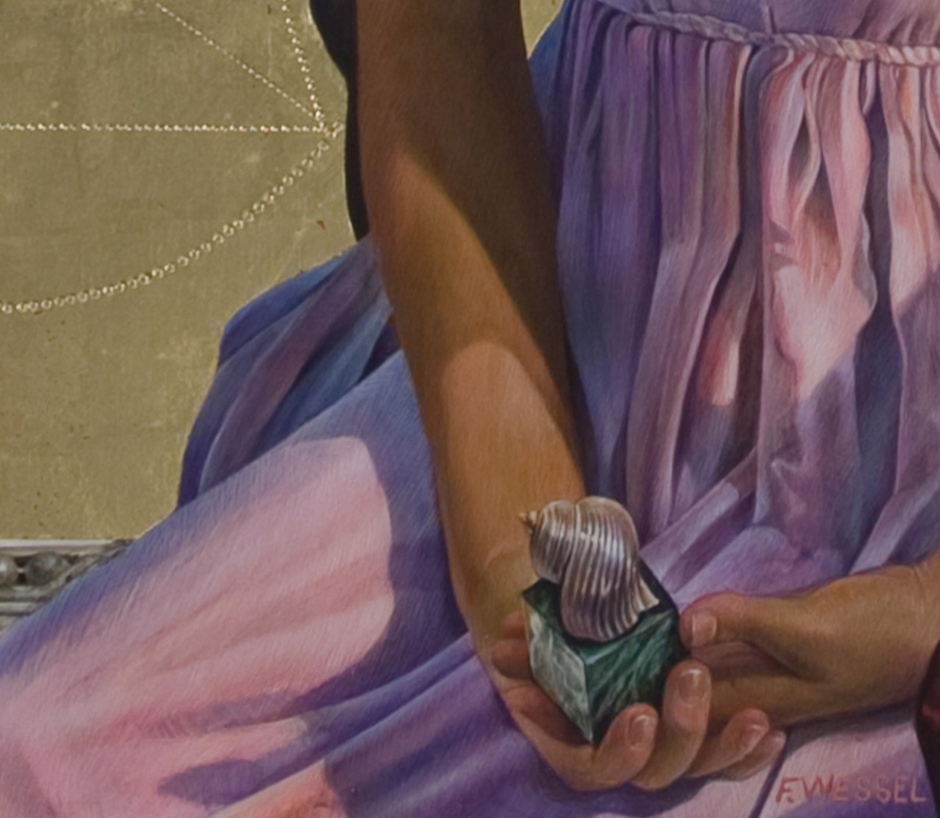 A contemplative figure in a lavender dress sits on a black chair against a golden background filled with geometric patterns.