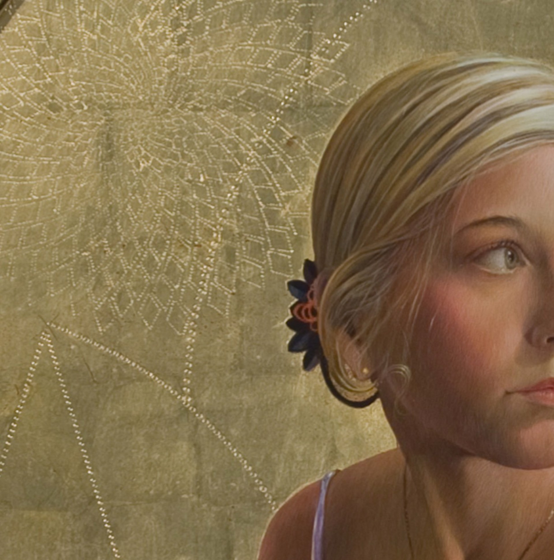 A contemplative figure in a lavender dress sits on a black chair against a golden background filled with geometric patterns.