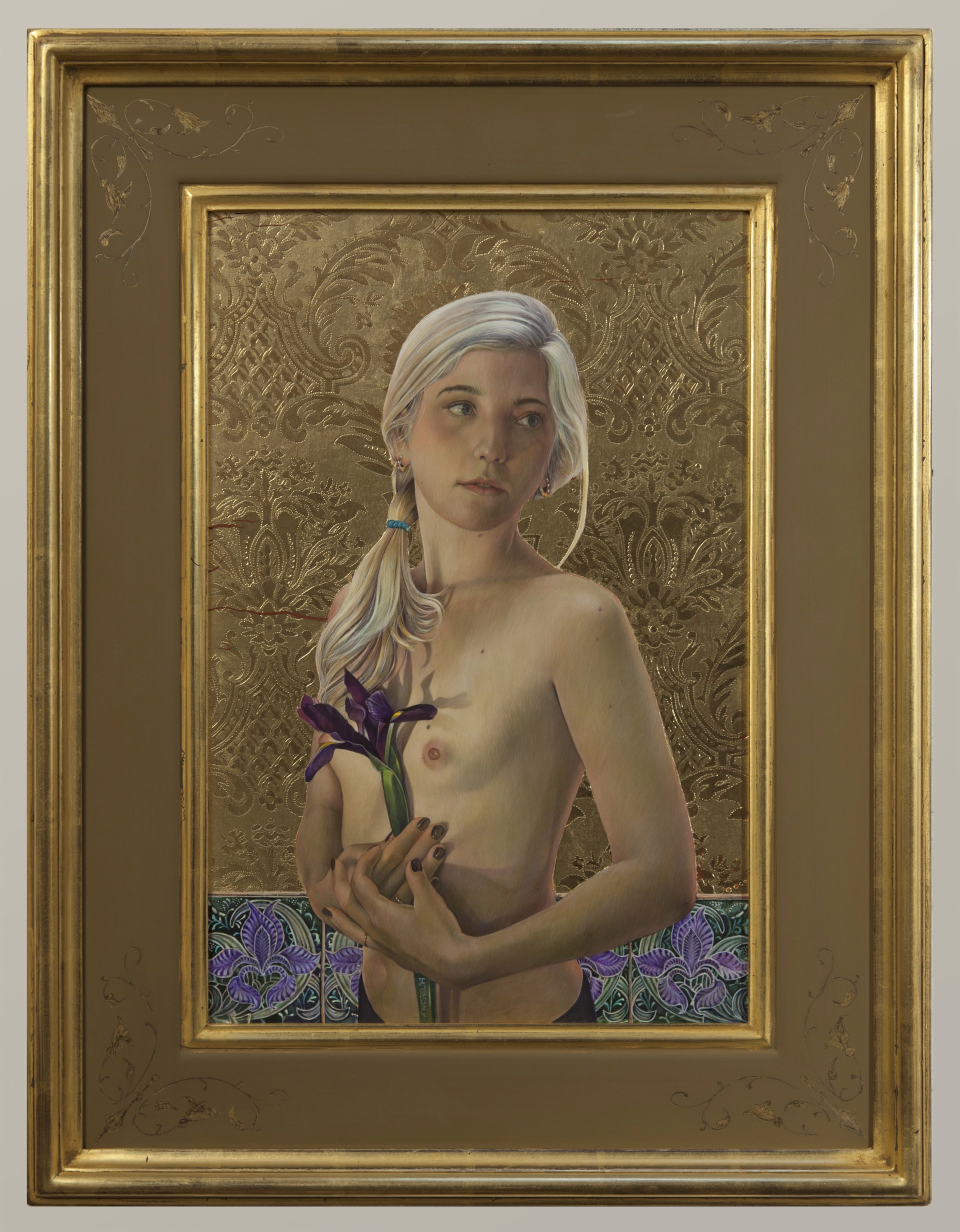 "A nude figure with pale hair holds a purple iris against an ornate golden background."