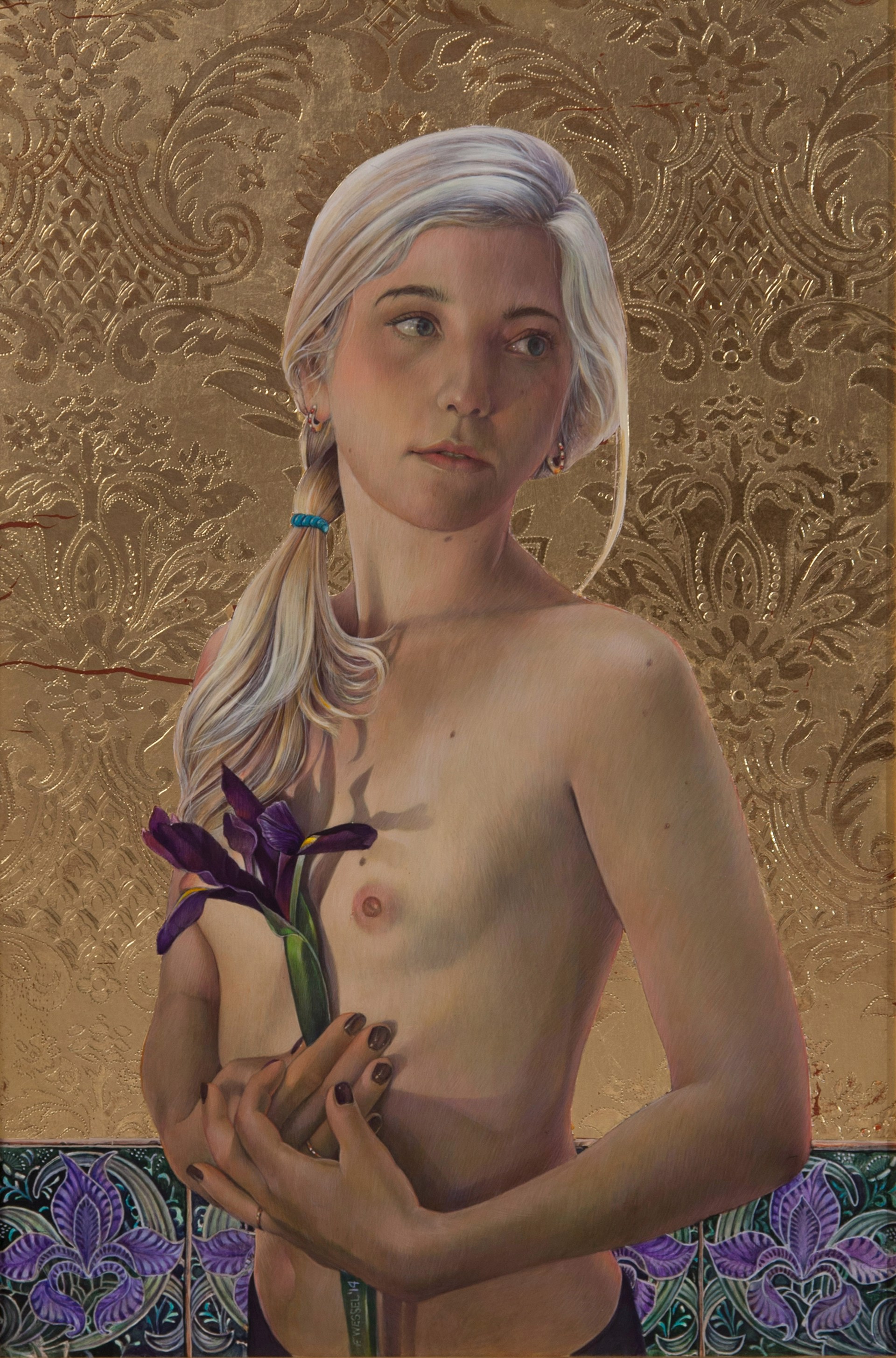 "A nude figure with pale hair holds a purple iris against an ornate golden background."