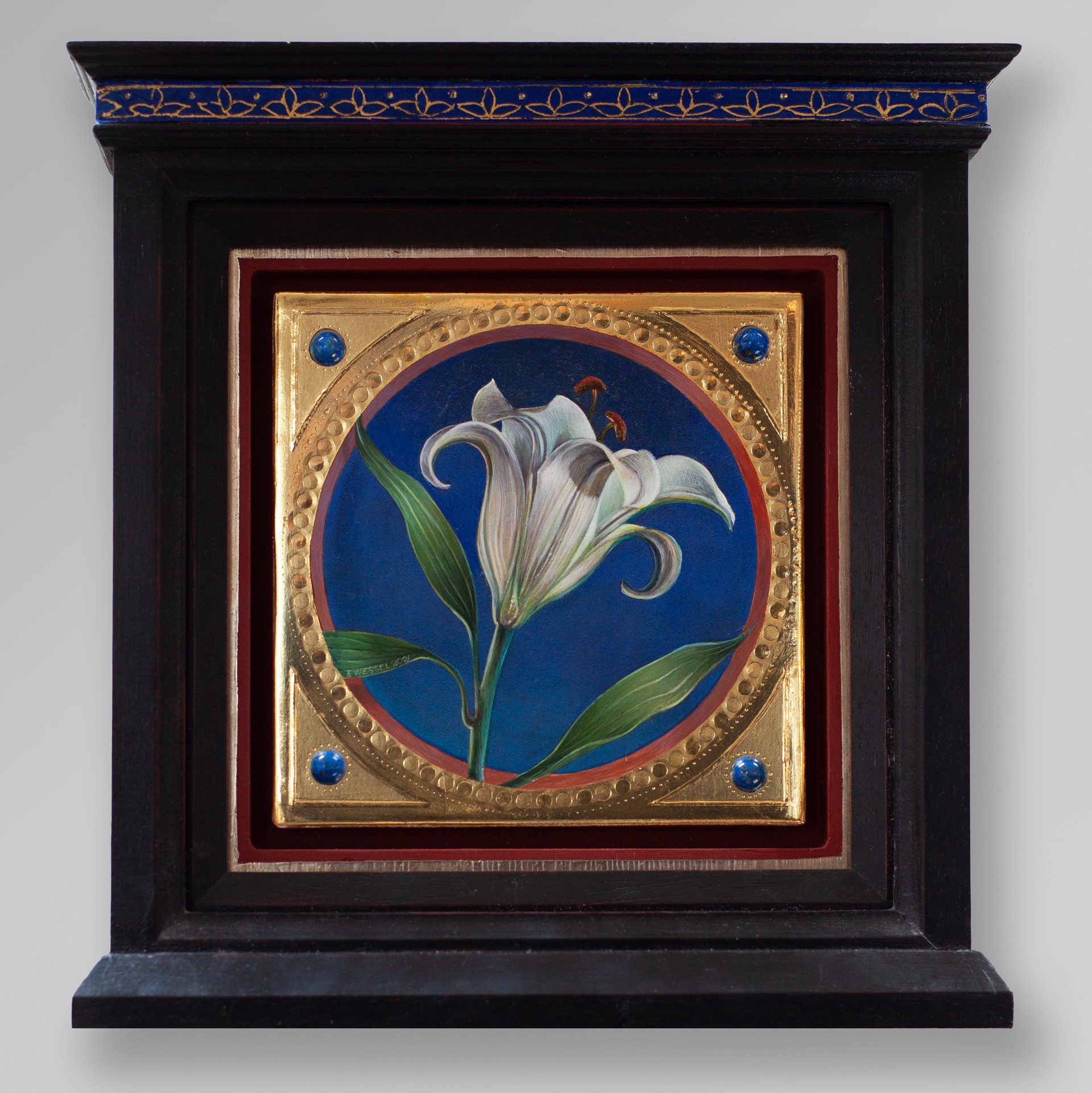 A painting of a white lily on a blue background.