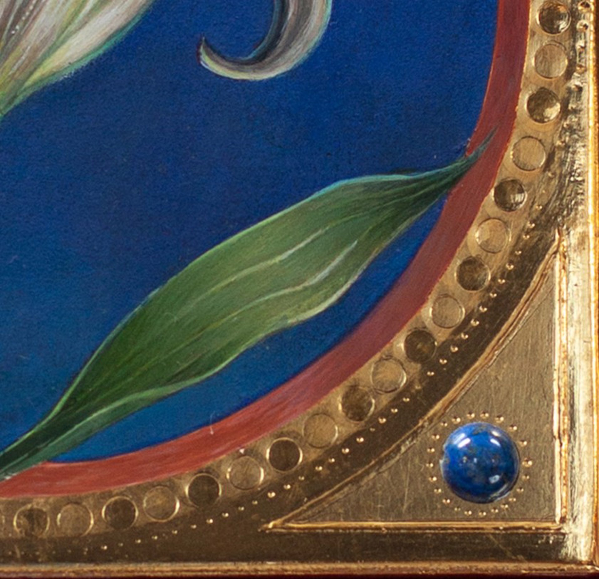 A painting of a white lily on a blue background.
