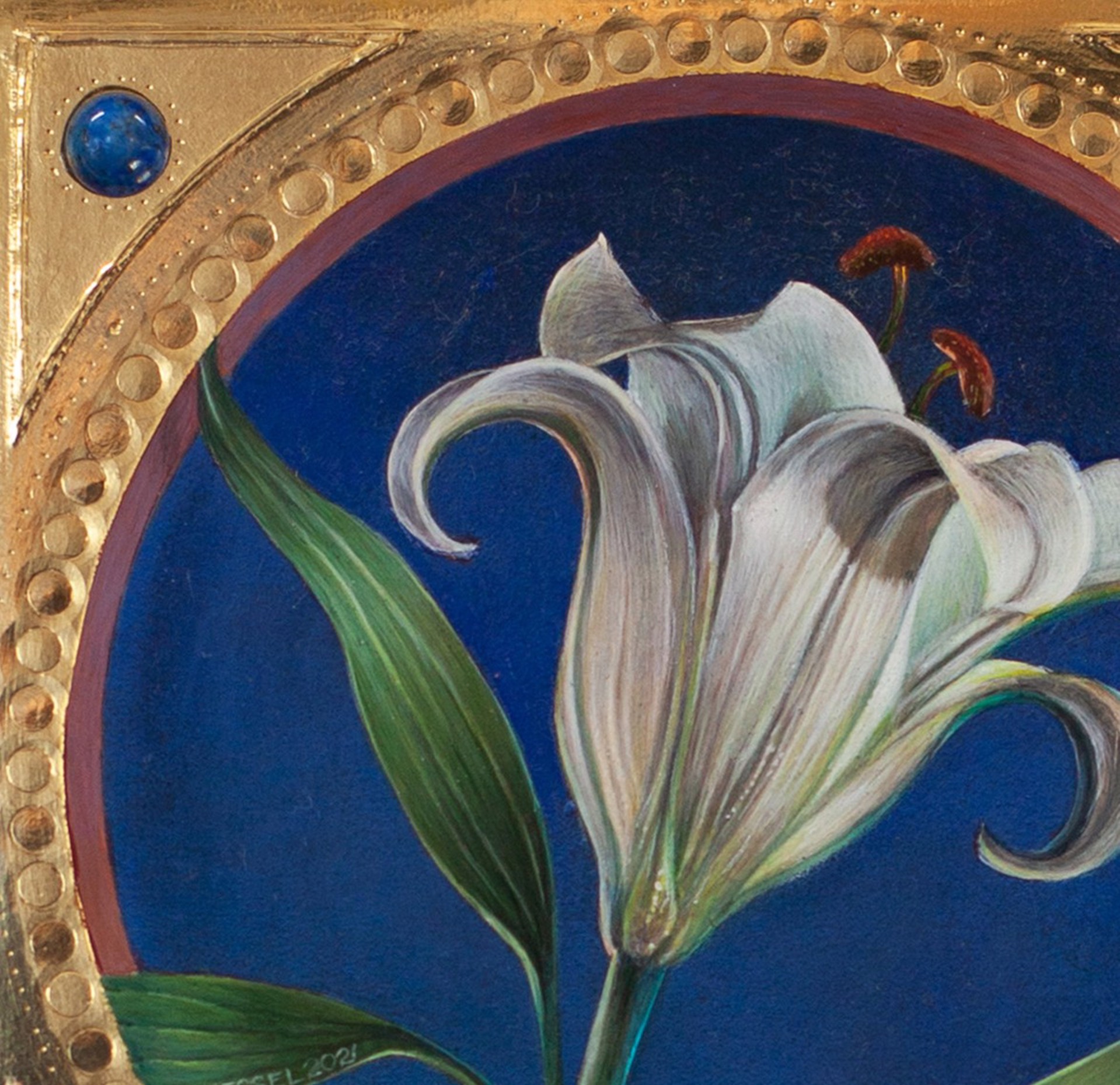 A painting of a white lily on a blue background.