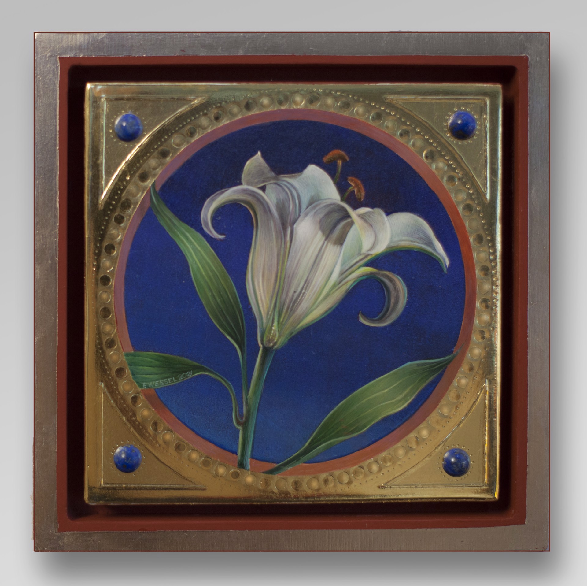 A painting of a white lily on a blue background.