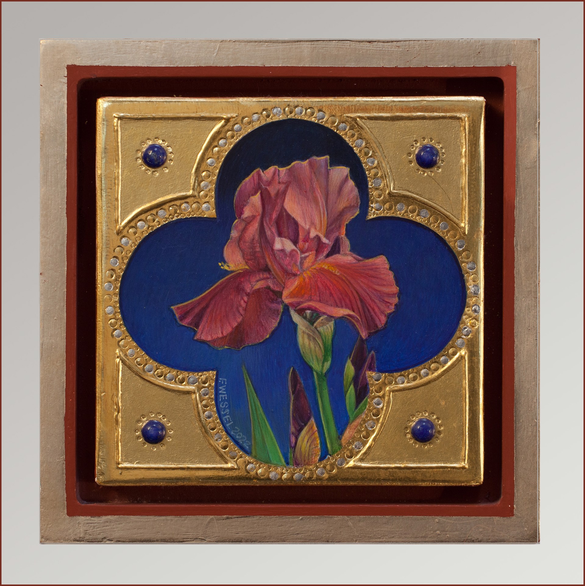 A painting of a red flower on a blue background.
