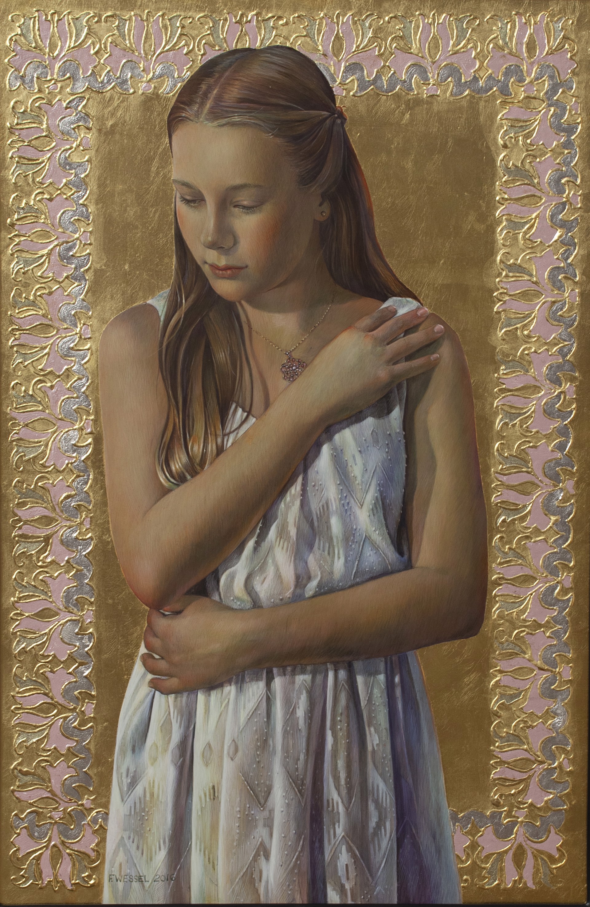 A serene portrait of a young figure in a patterned dress, framed by an ornate golden border.