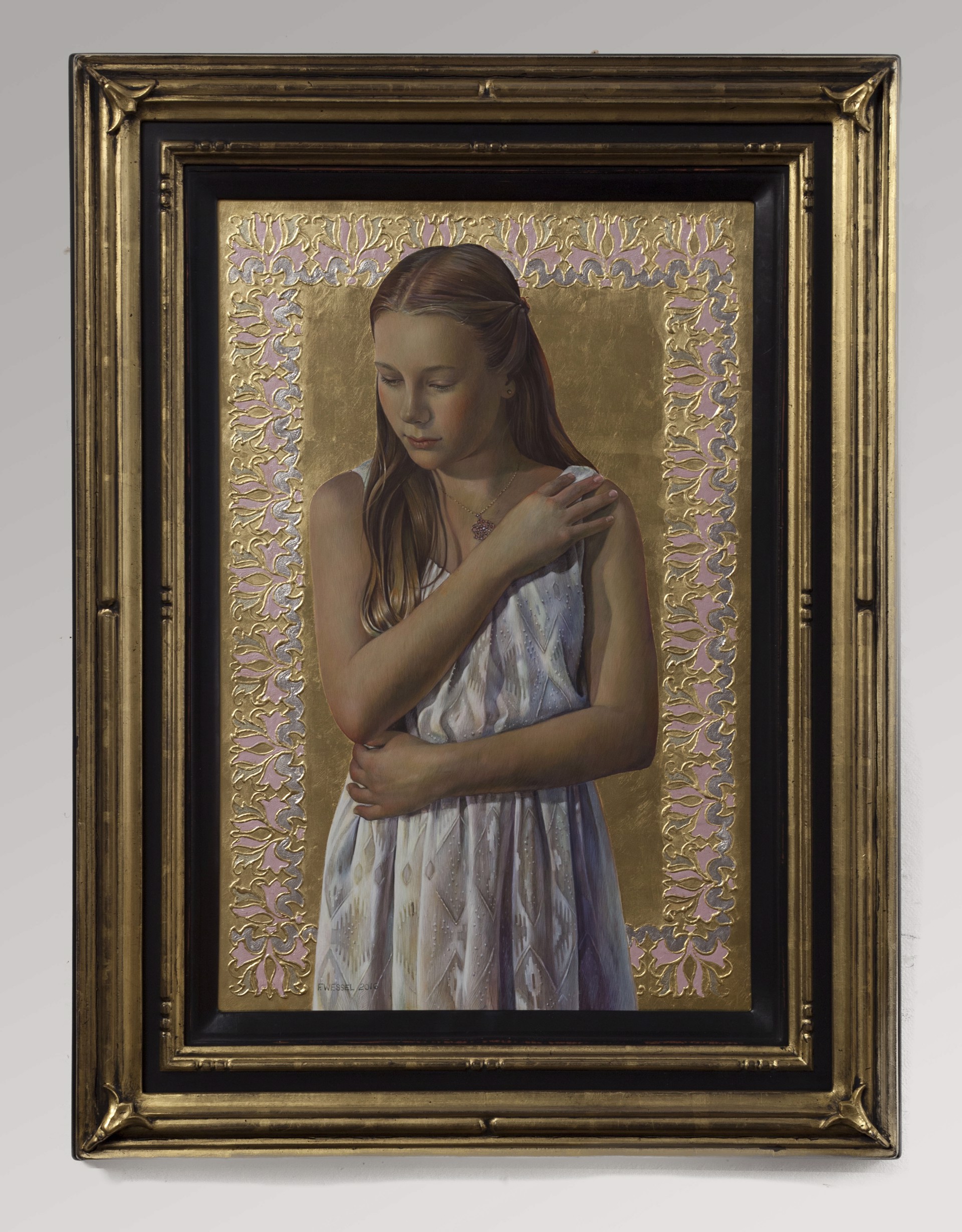 A serene portrait of a young figure in a patterned dress, framed by an ornate golden border.