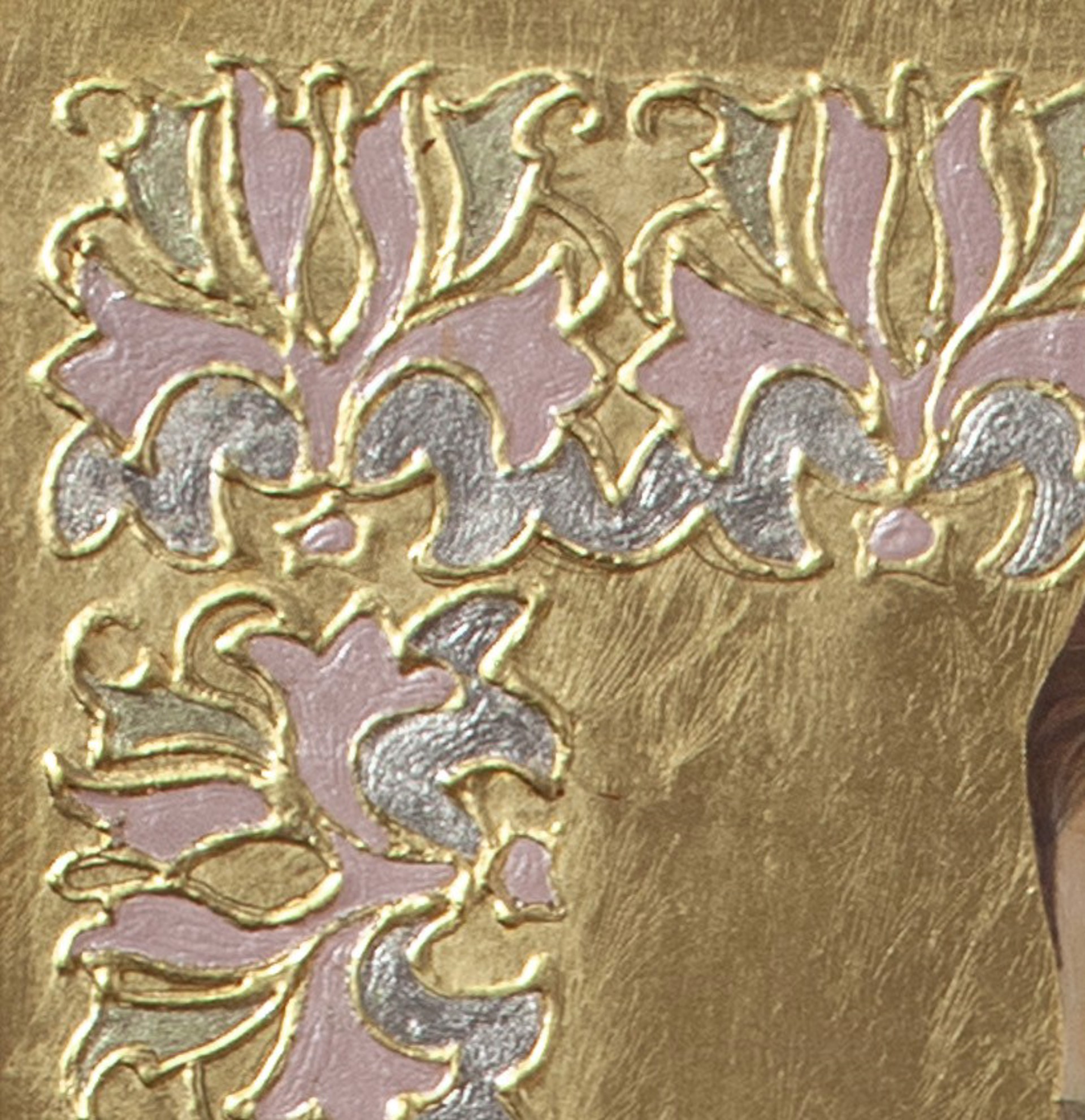 A serene portrait of a young figure in a patterned dress, framed by an ornate golden border.