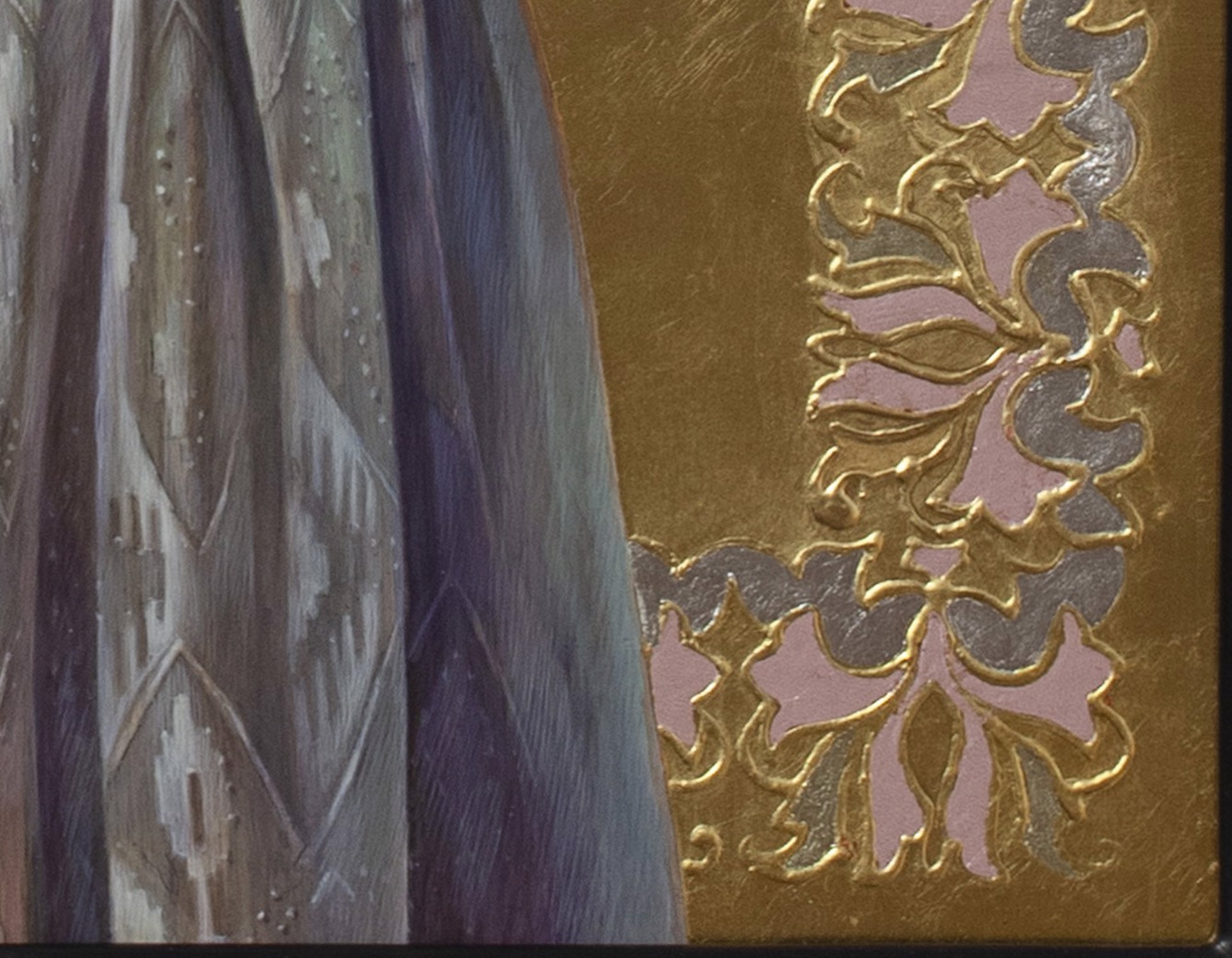 A serene portrait of a young figure in a patterned dress, framed by an ornate golden border.