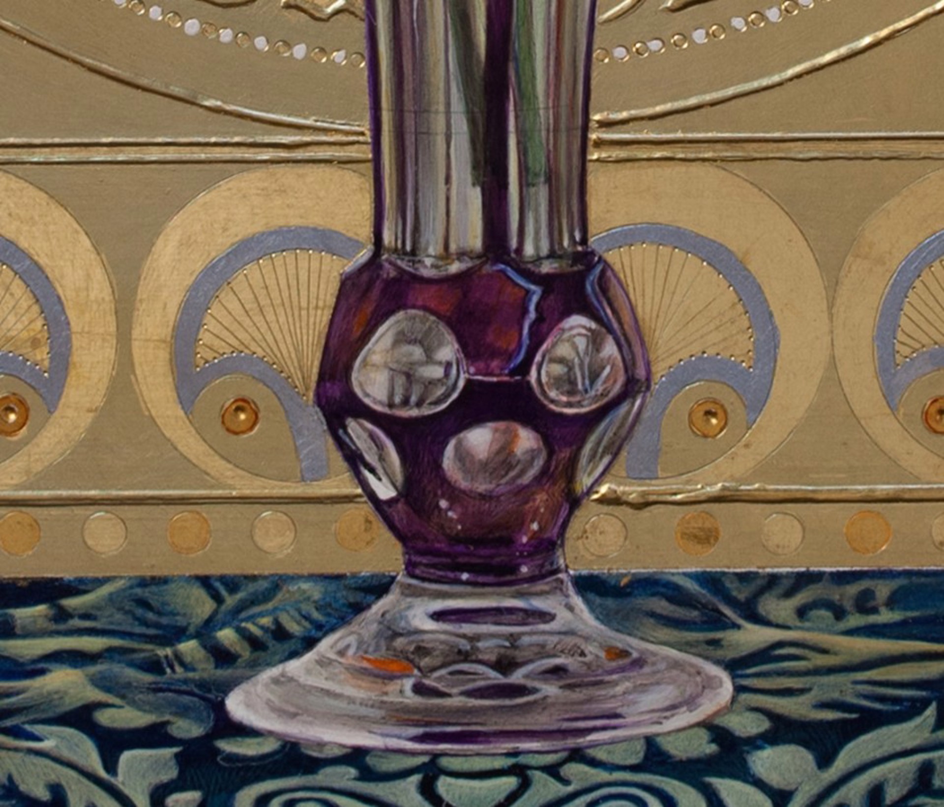 A painting of an orange flower in a glass vase on a table.