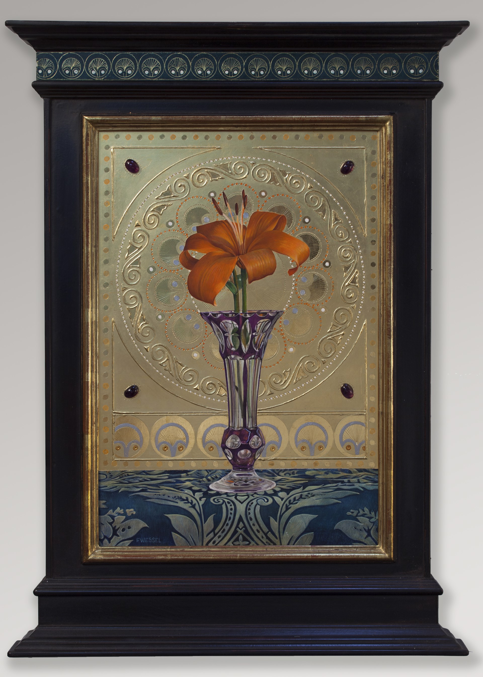 A painting of an orange flower in a glass vase on a table.