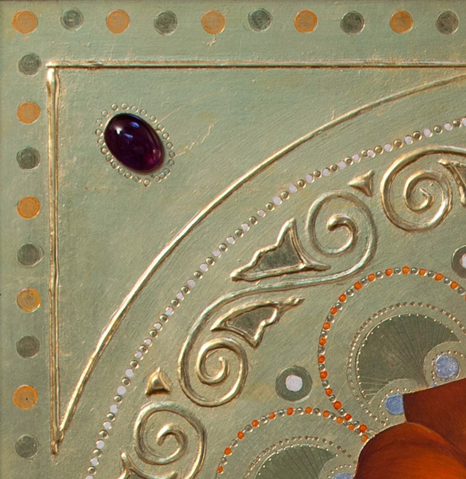A painting of an orange flower in a glass vase on a table.