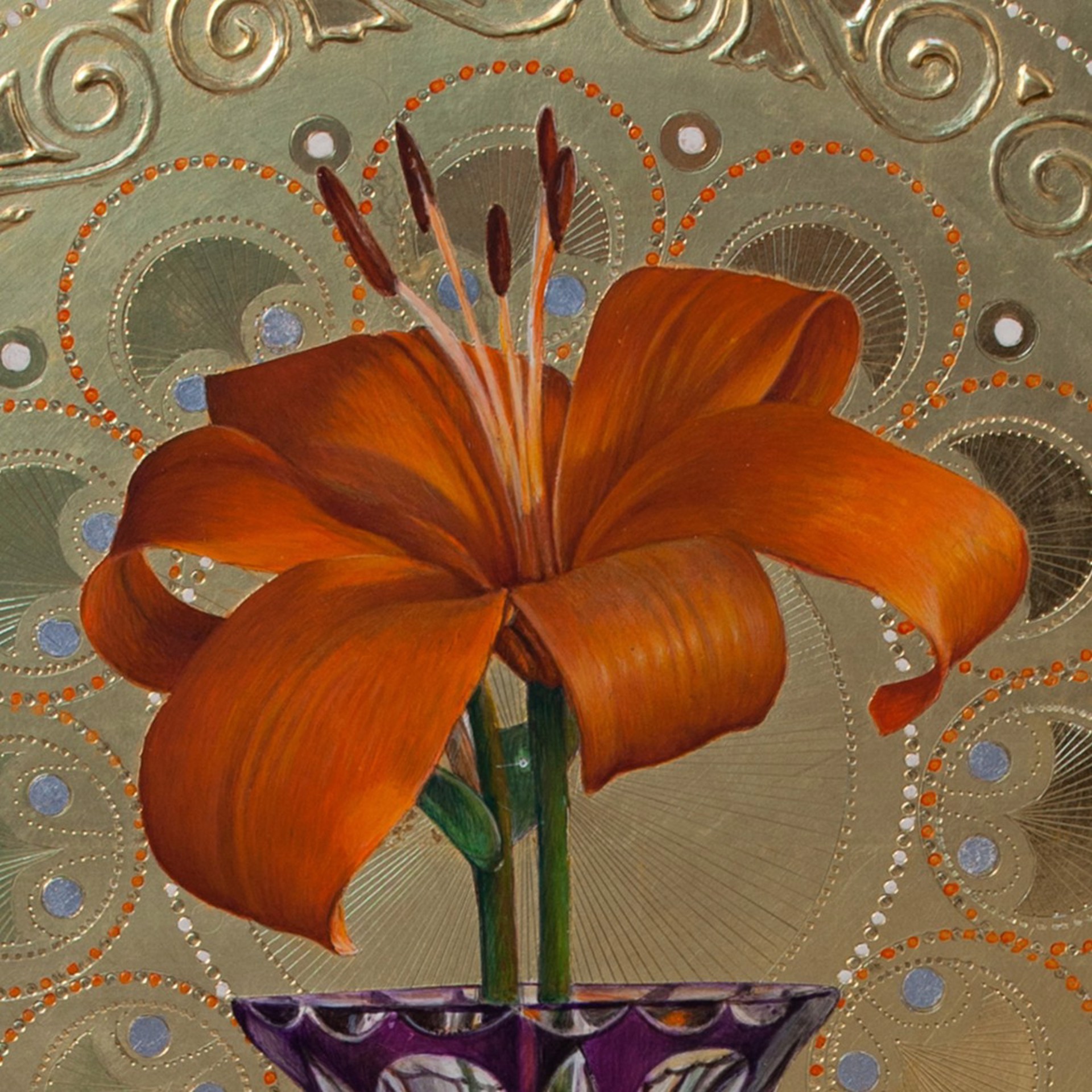 A painting of an orange flower in a glass vase on a table.