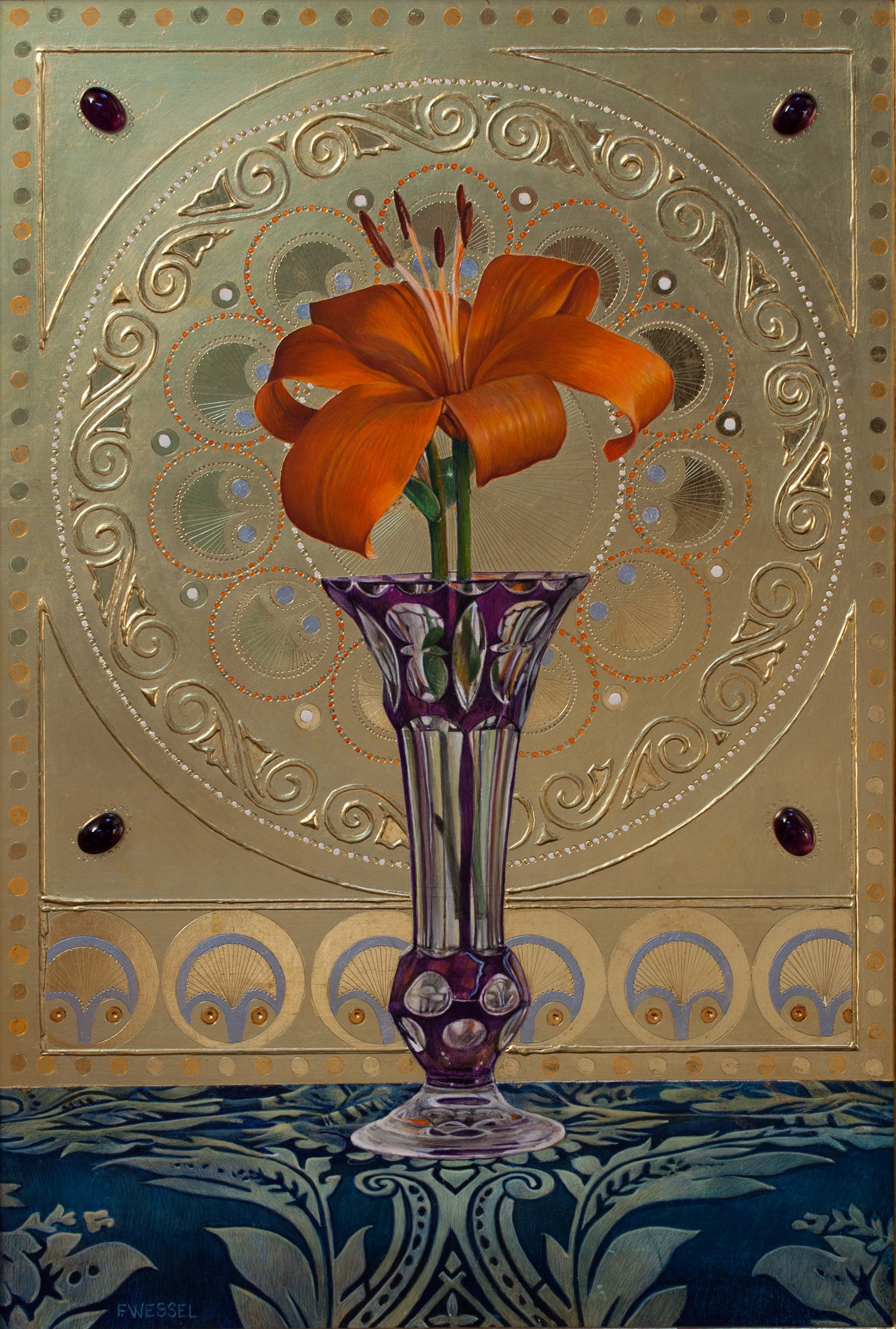 A painting of an orange flower in a glass vase on a table.