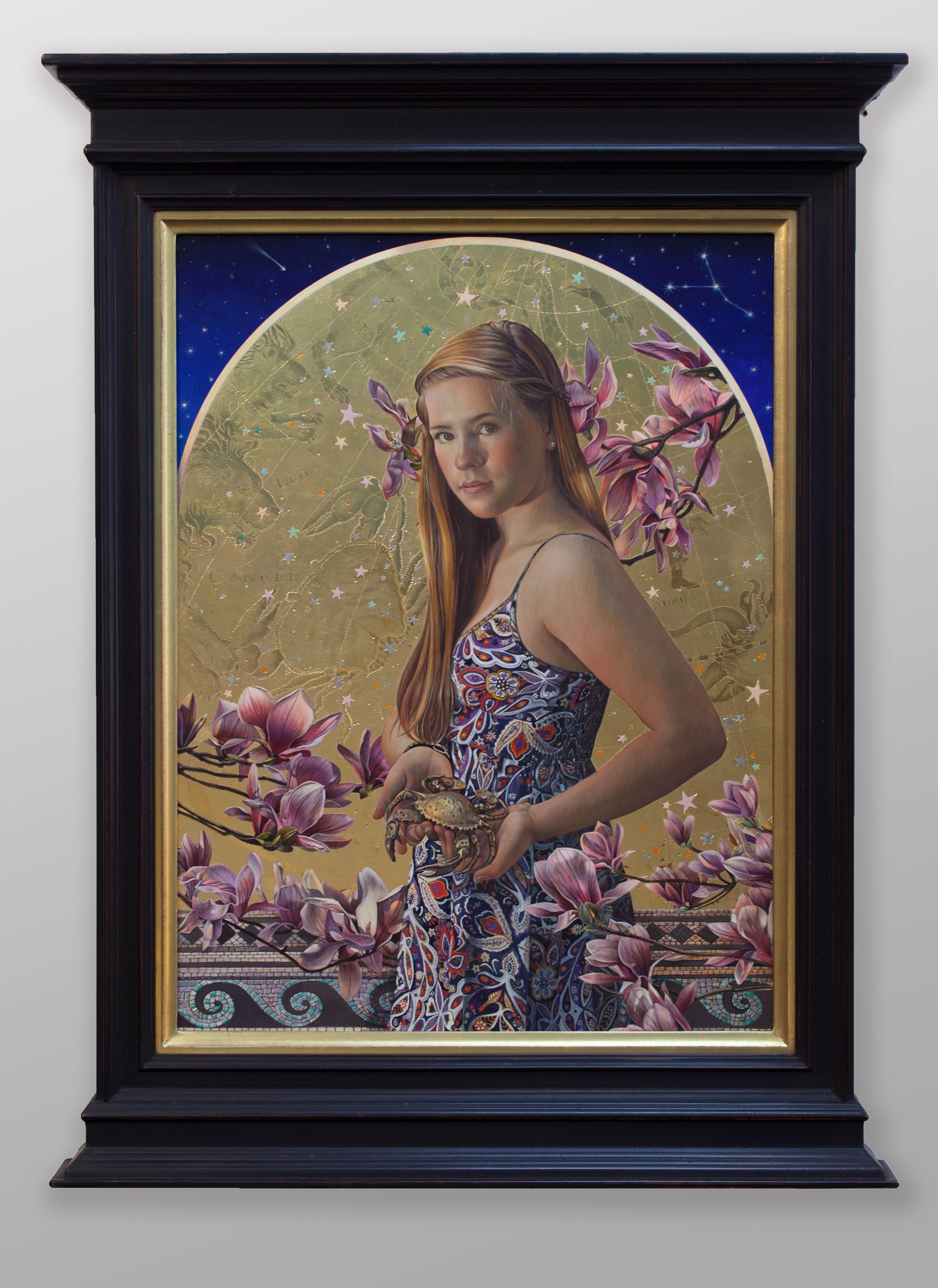 A painting of a woman holding a turtle in her hands.