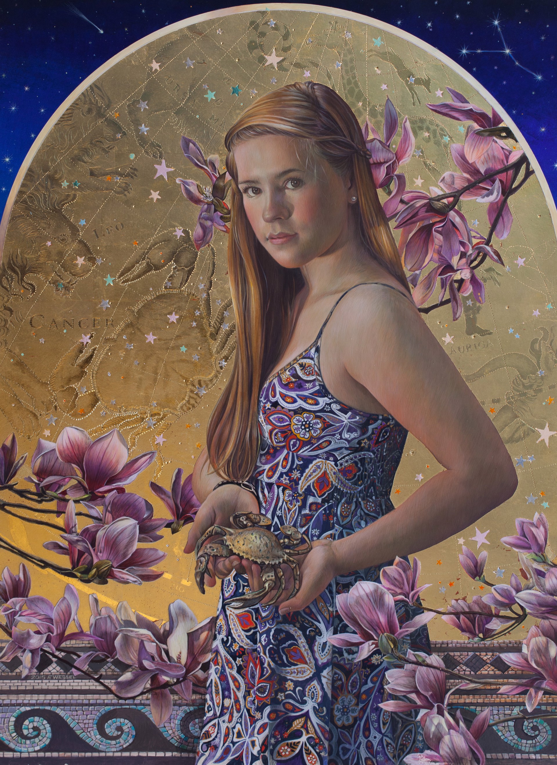 A painting of a woman holding a turtle in her hands.
