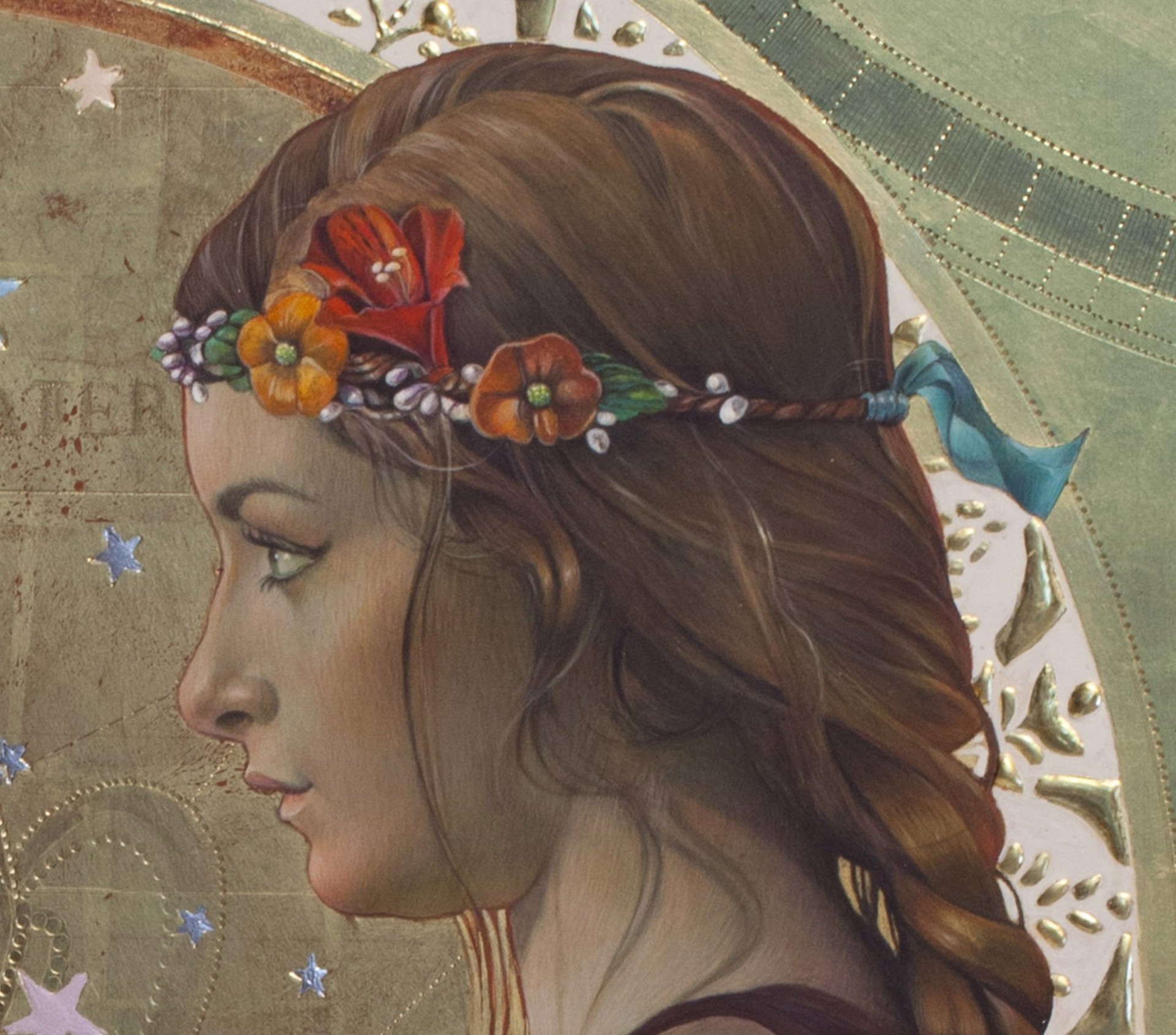 A serene figure in profile holds a red goblet against an ornate, celestial backdrop.