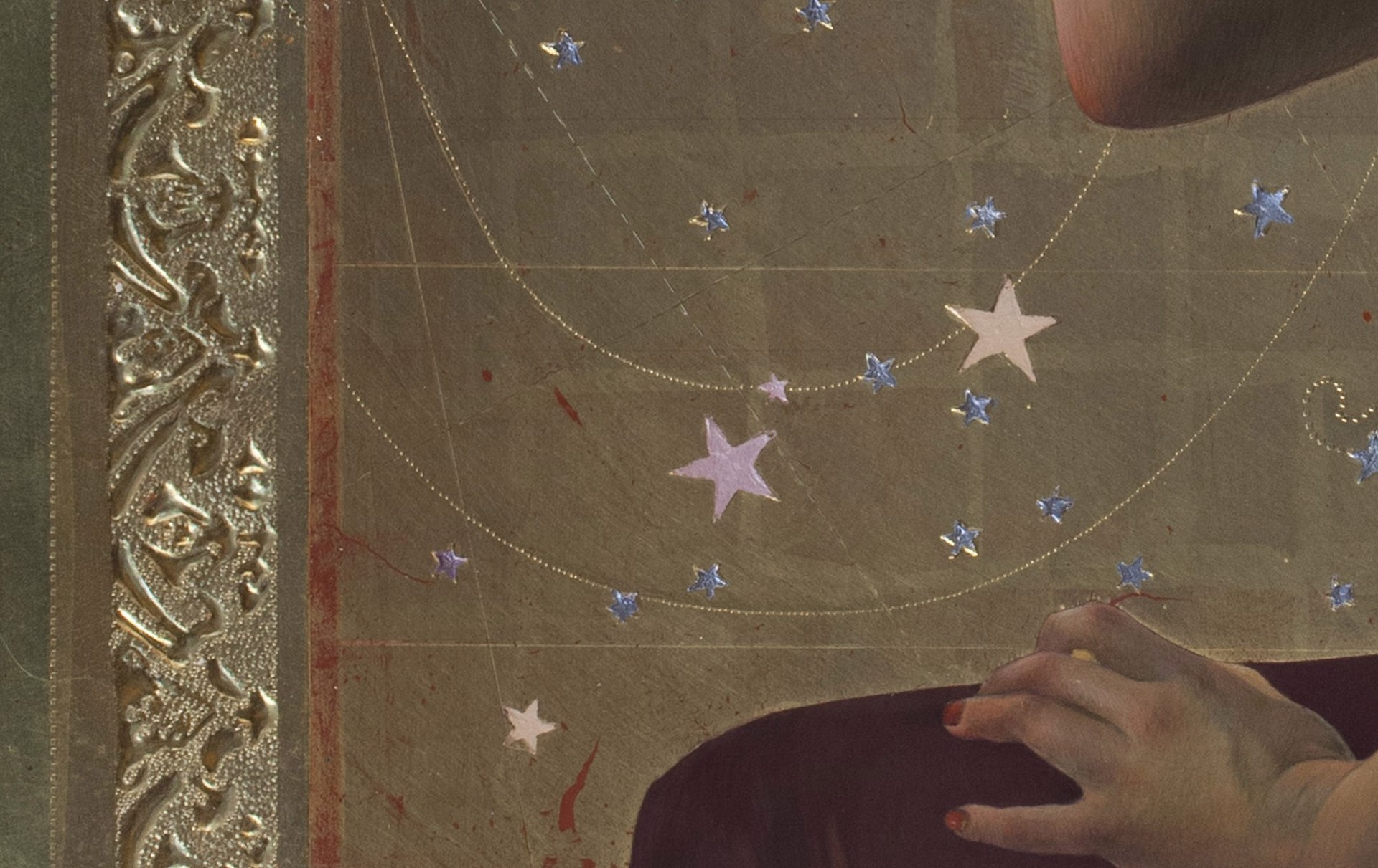A serene figure in profile holds a red goblet against an ornate, celestial backdrop.