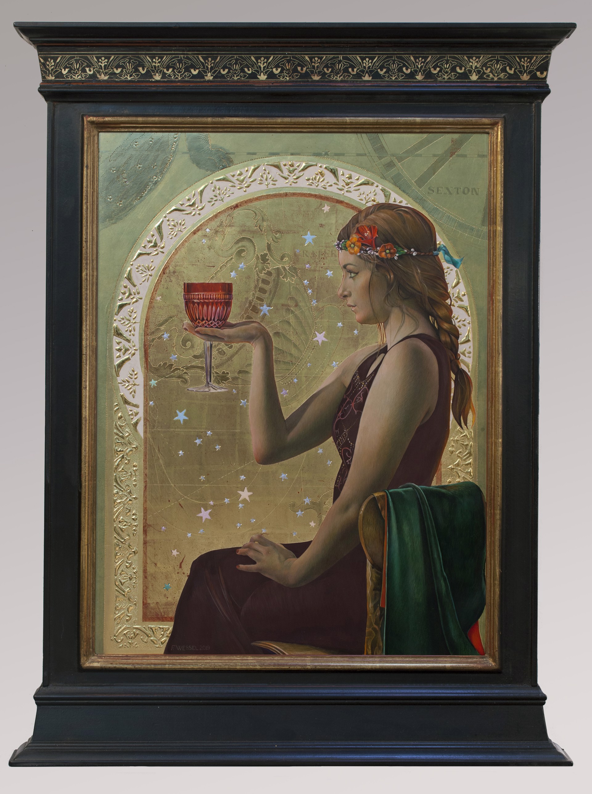 A serene figure in profile holds a red goblet against an ornate, celestial backdrop.