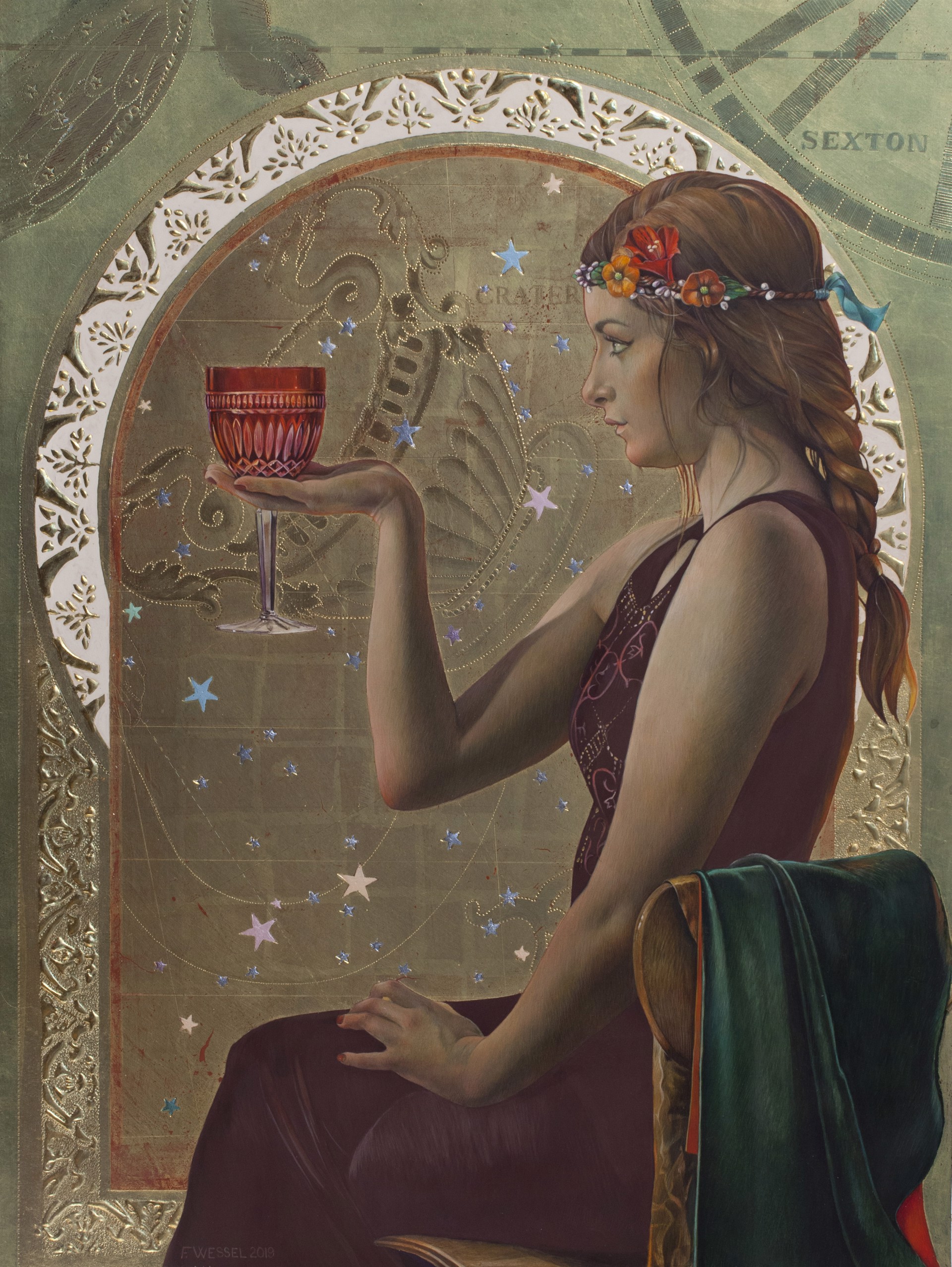 A serene figure in profile holds a red goblet against an ornate, celestial backdrop.