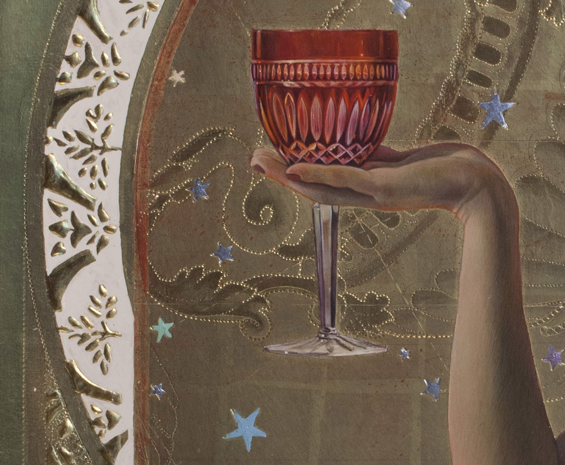 A serene figure in profile holds a red goblet against an ornate, celestial backdrop.