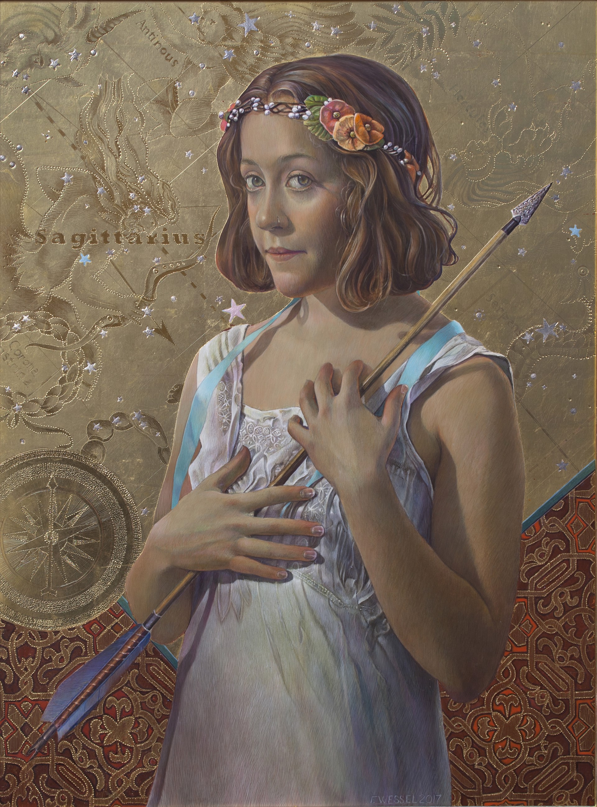 "A portrait of a figure in a white dress holding a long arrow against a textured, starry background."