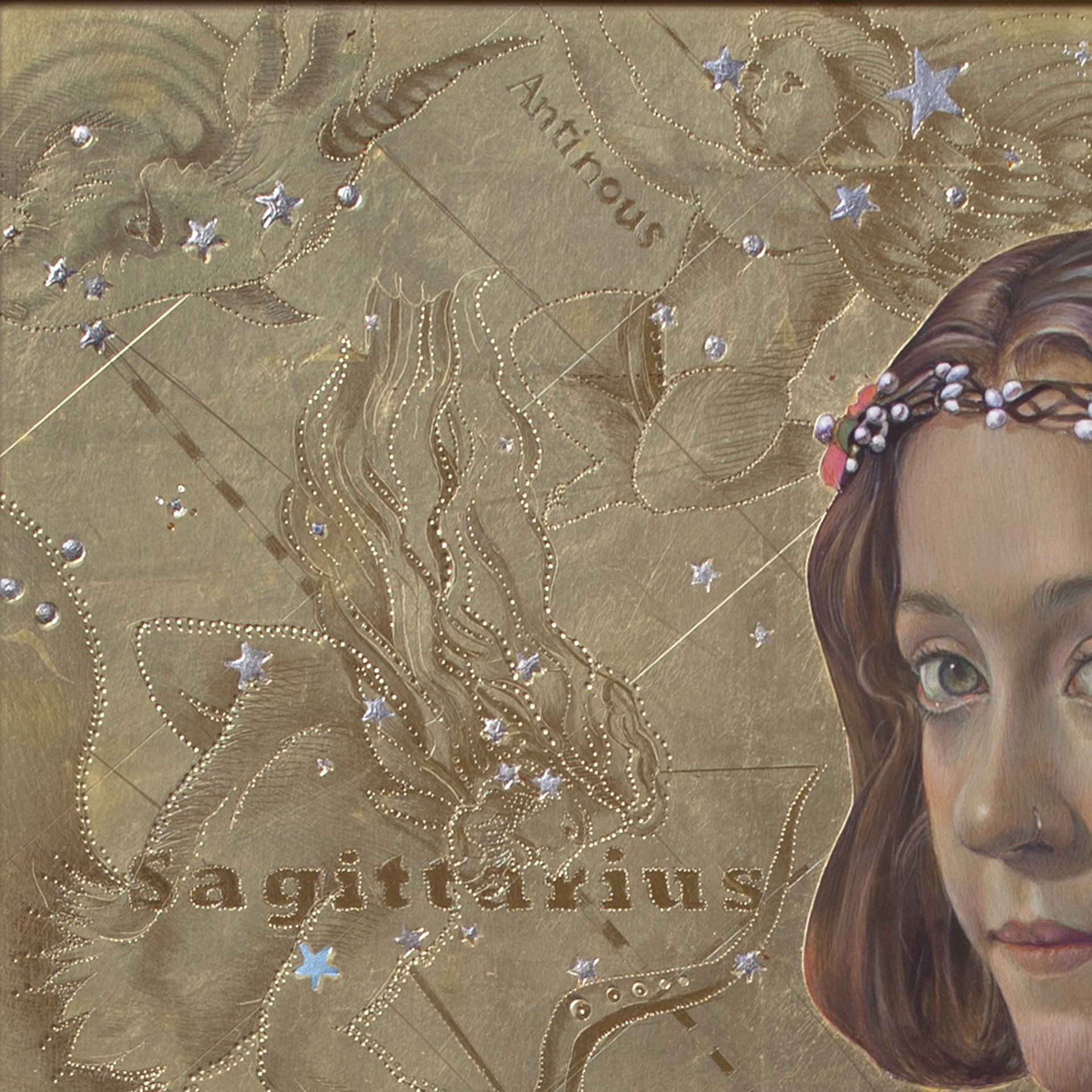 "A portrait of a figure in a white dress holding a long arrow against a textured, starry background."