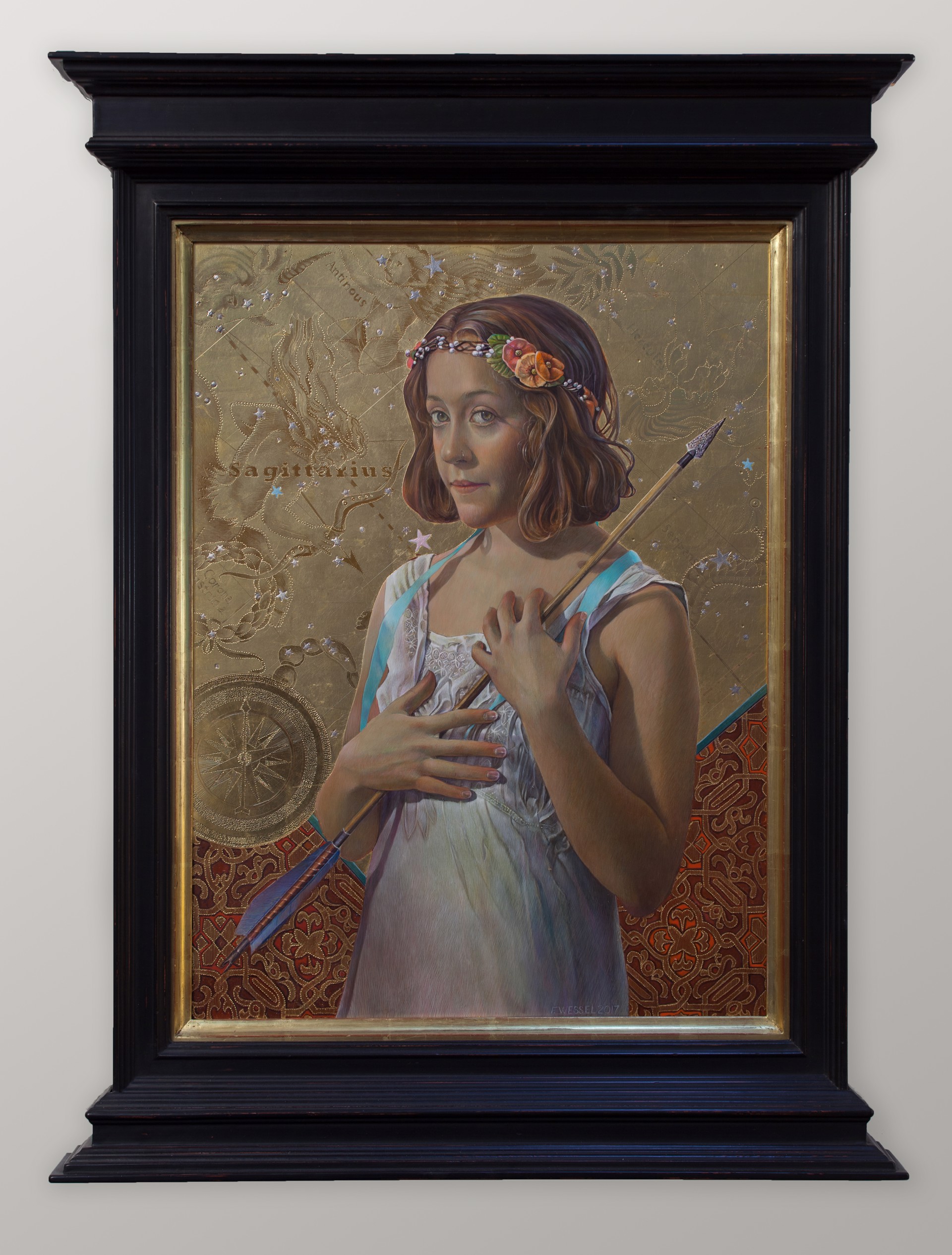 "A portrait of a figure in a white dress holding a long arrow against a textured, starry background."