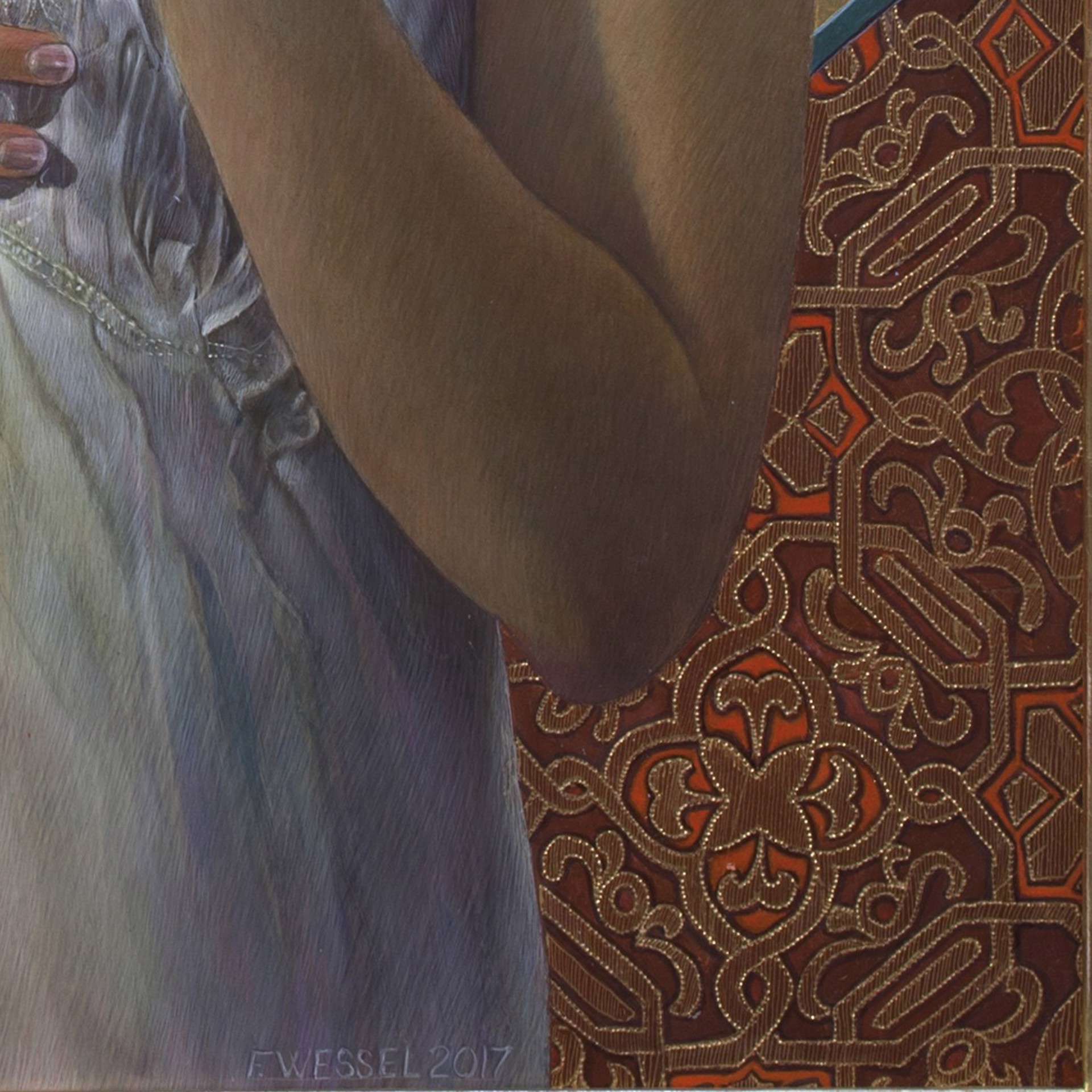 "A portrait of a figure in a white dress holding a long arrow against a textured, starry background."