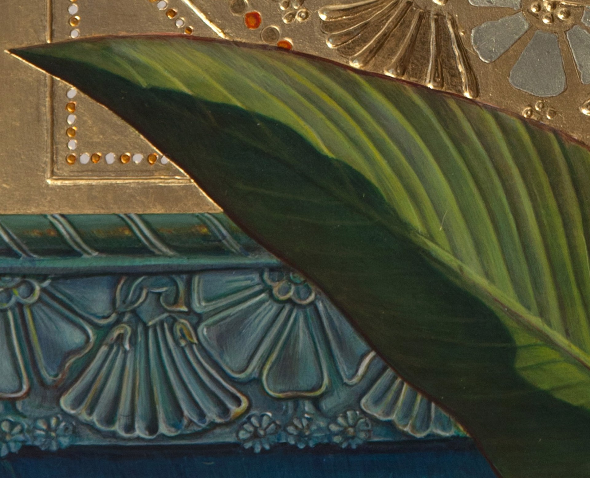 A painting of a yellow flower in front of a gold plate.