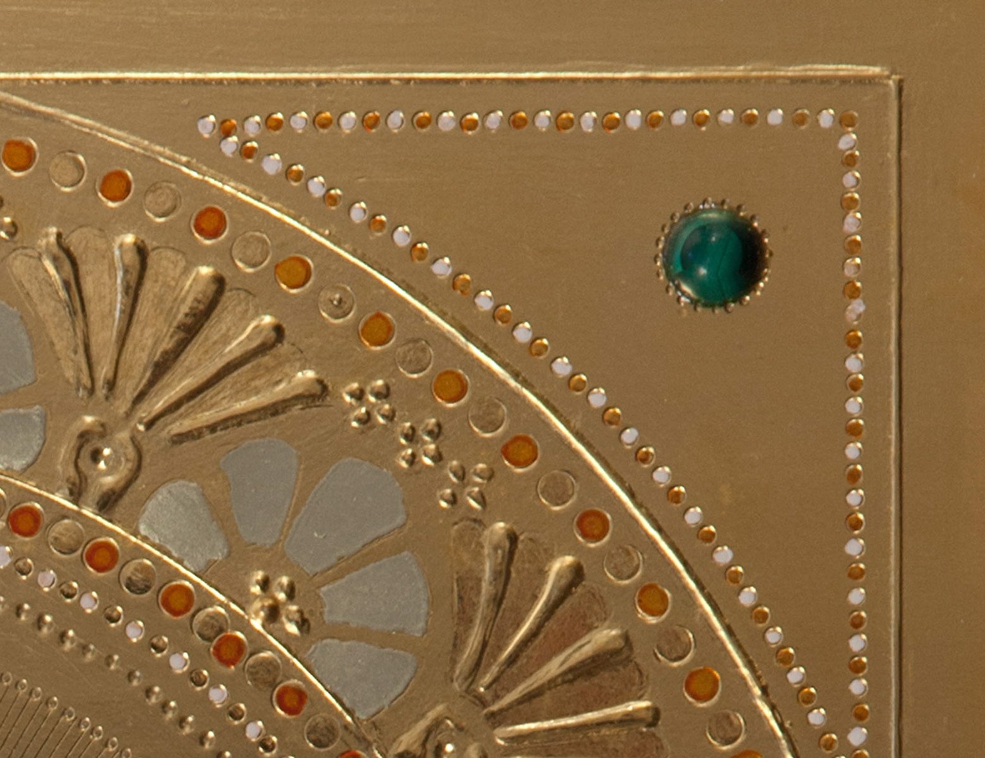 A painting of a yellow flower in front of a gold plate.
