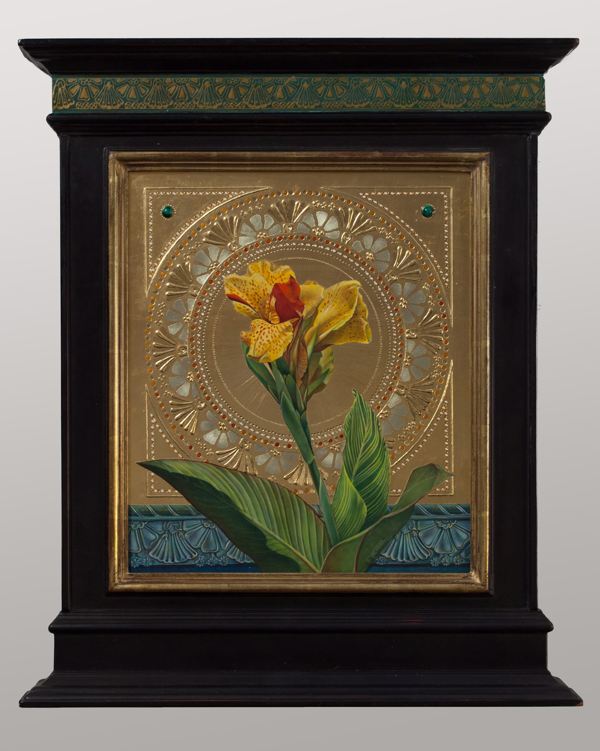 A painting of a yellow flower in front of a gold plate.
