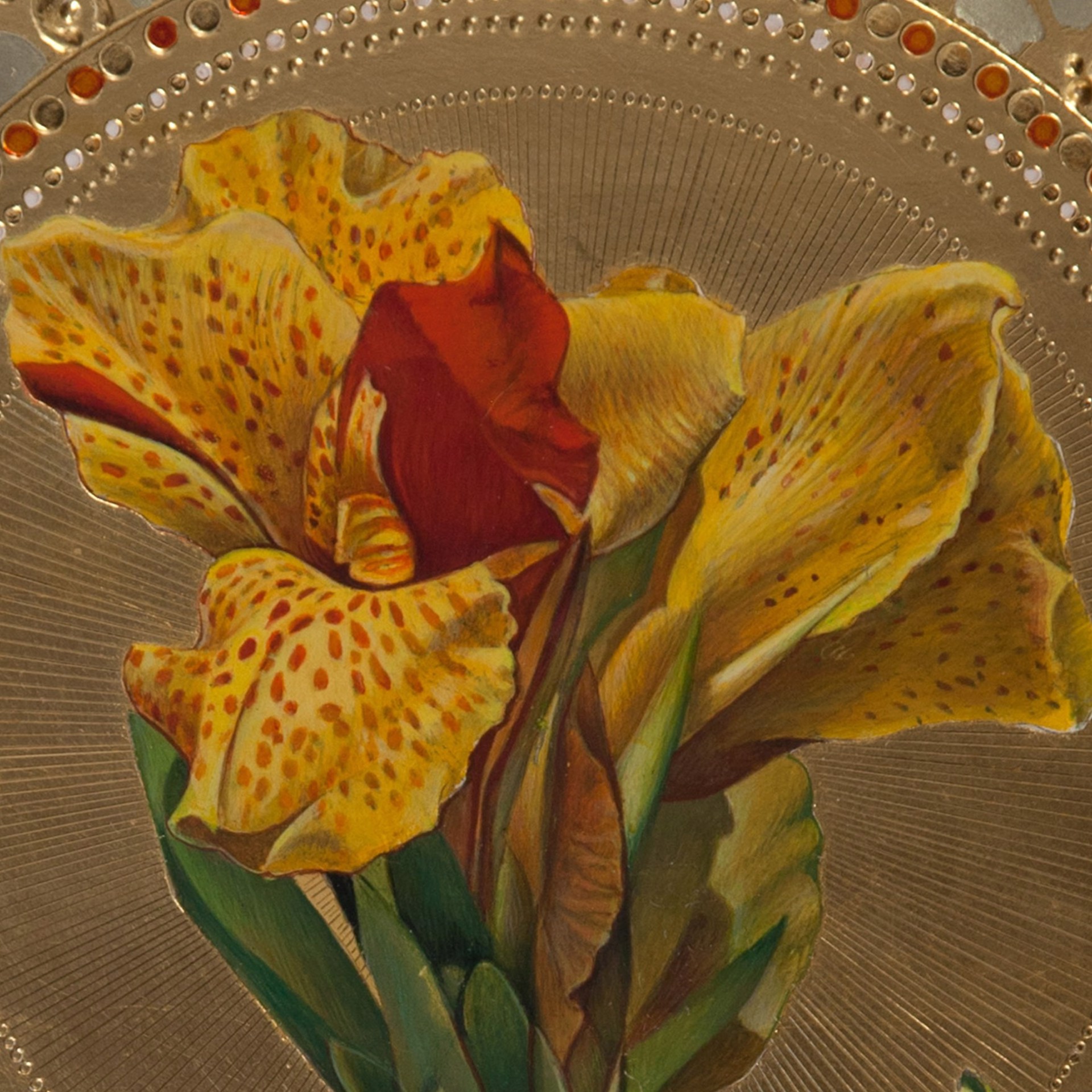 A painting of a yellow flower in front of a gold plate.
