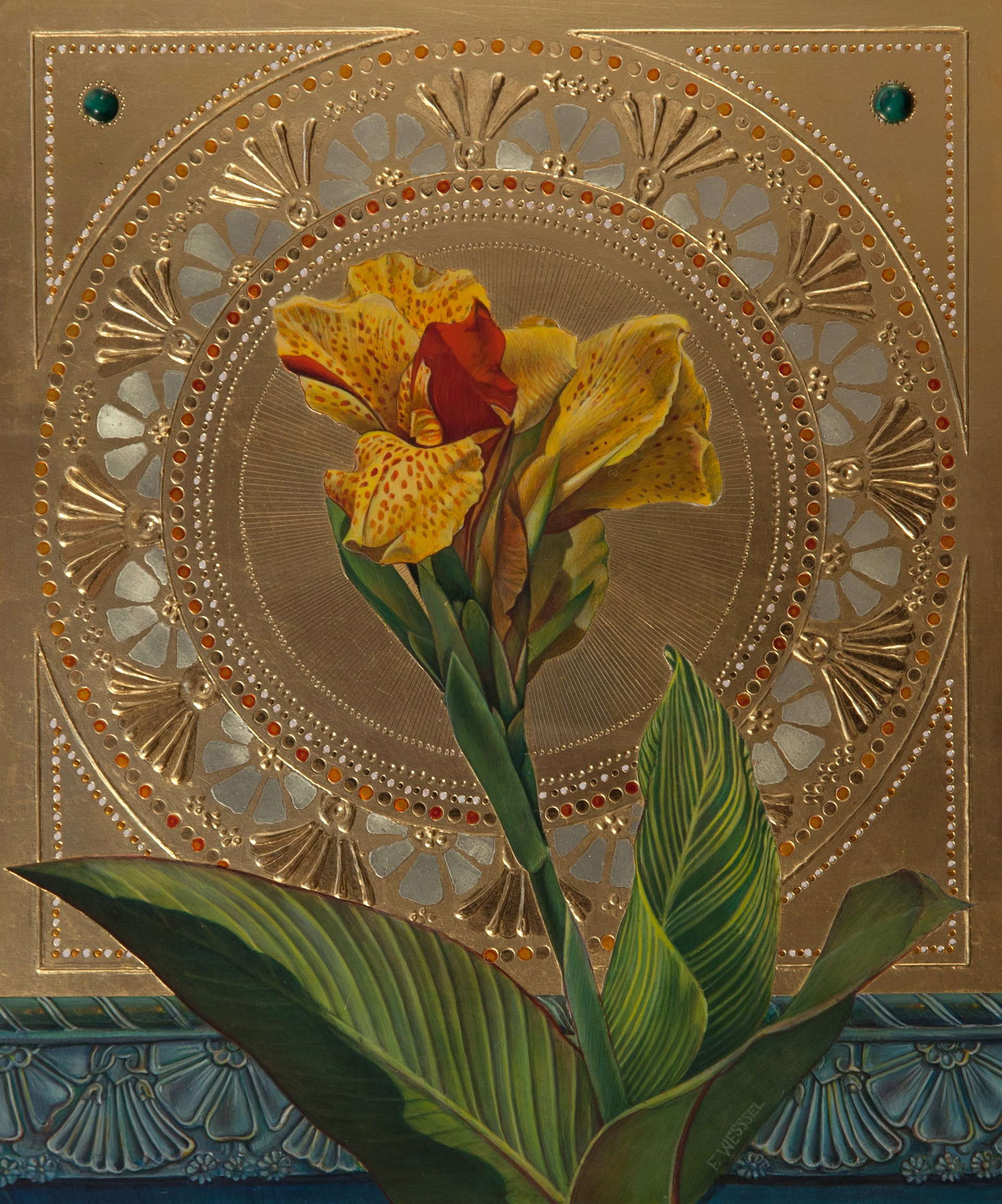 A painting of a yellow flower in front of a gold plate.