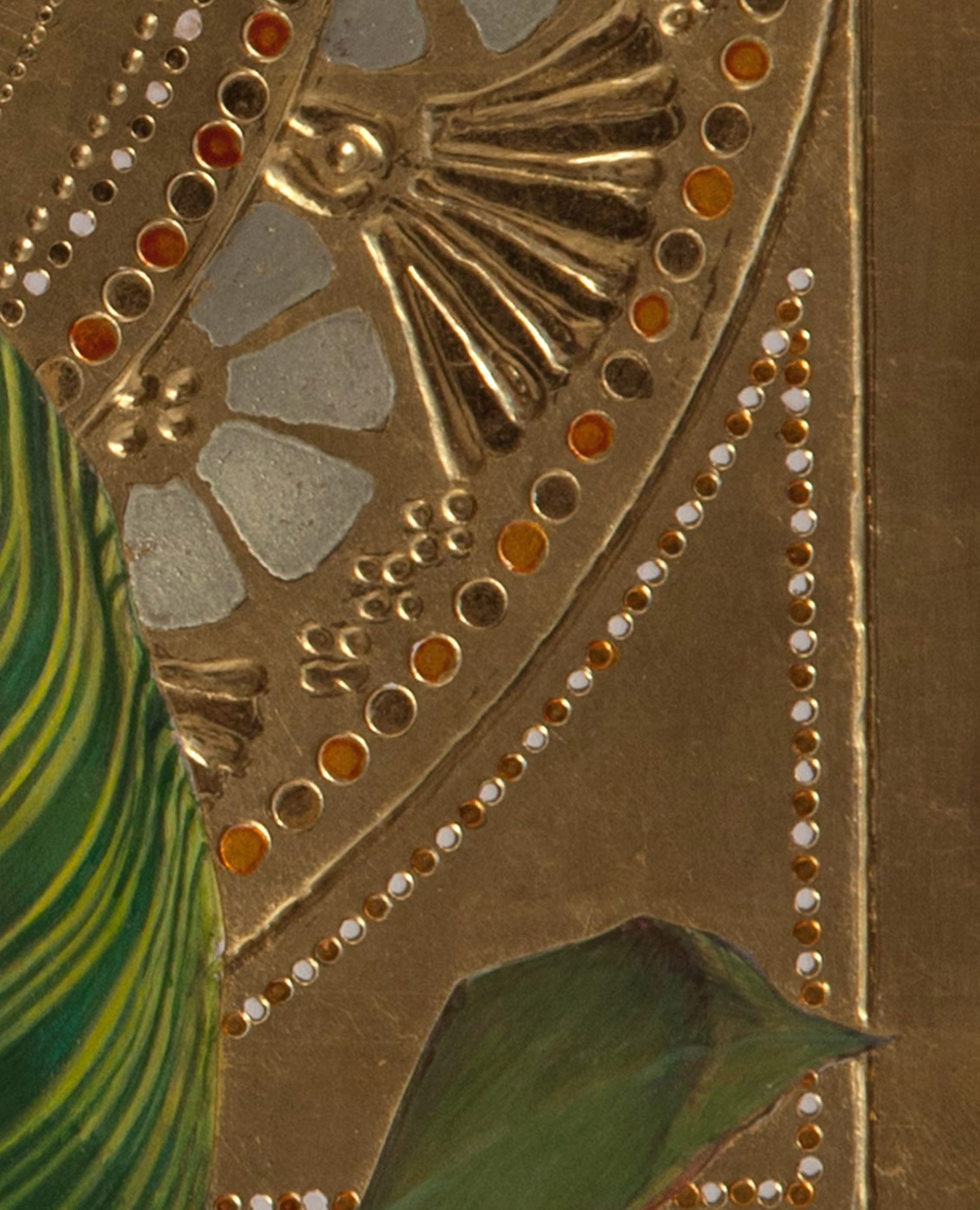 A painting of a yellow flower in front of a gold plate.