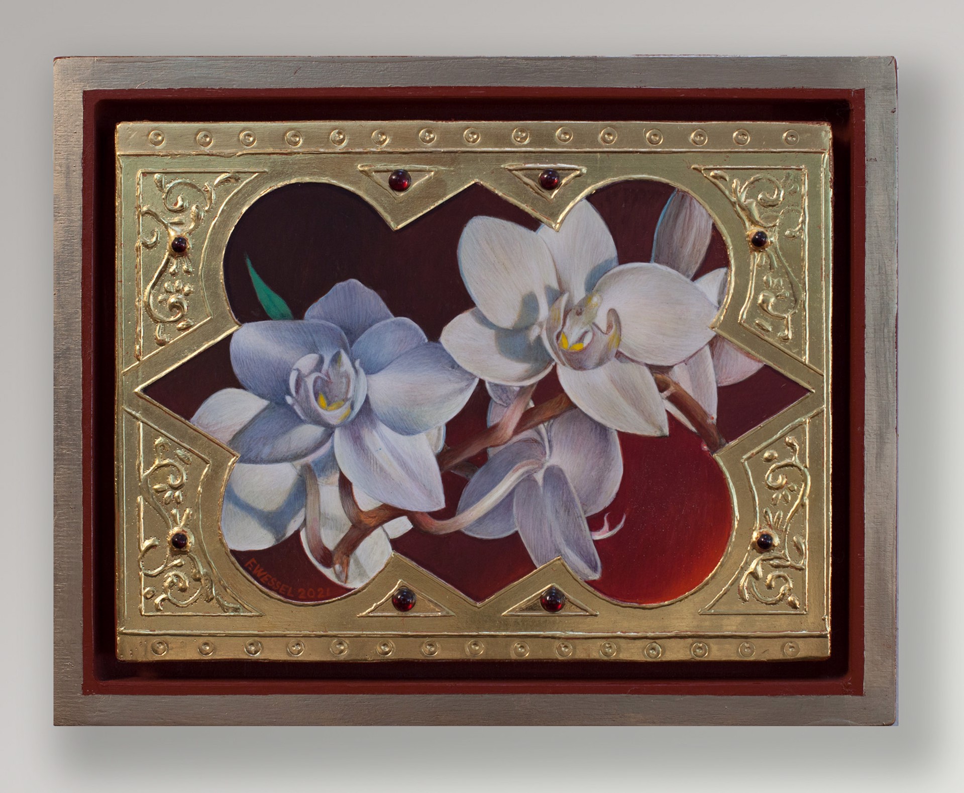A painting of two white orchids in a gold frame.