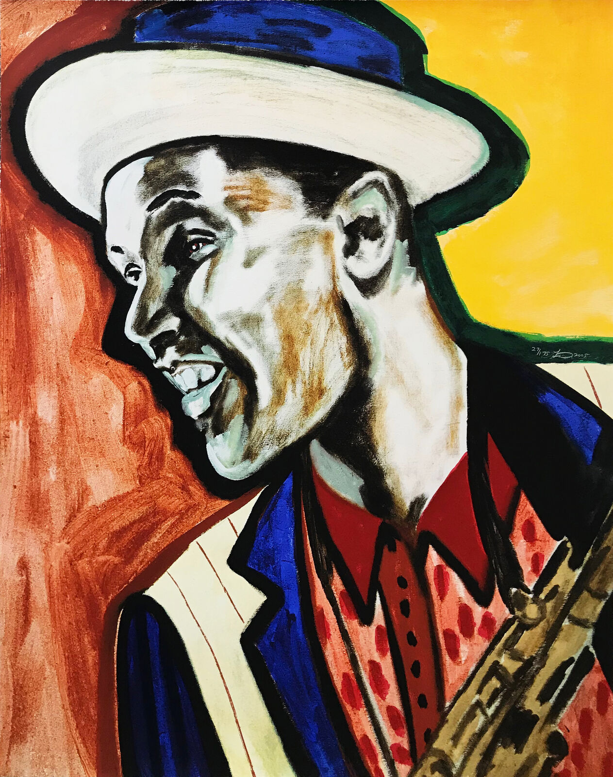 A painting of a man with a hat and a saxophone.