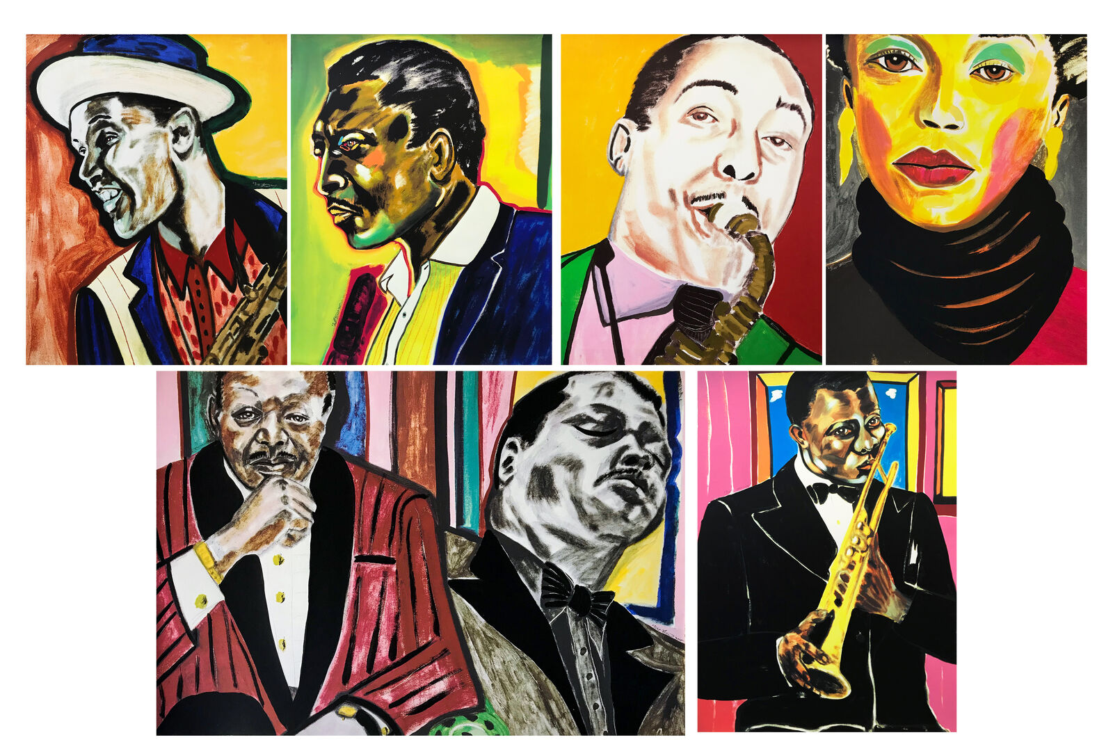 A group of four paintings of jazz musicians in different colors.