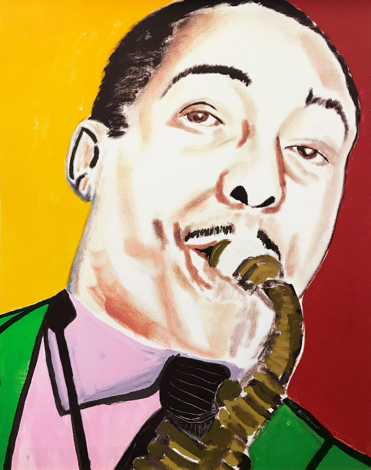 A painting of a man playing a saxophone.