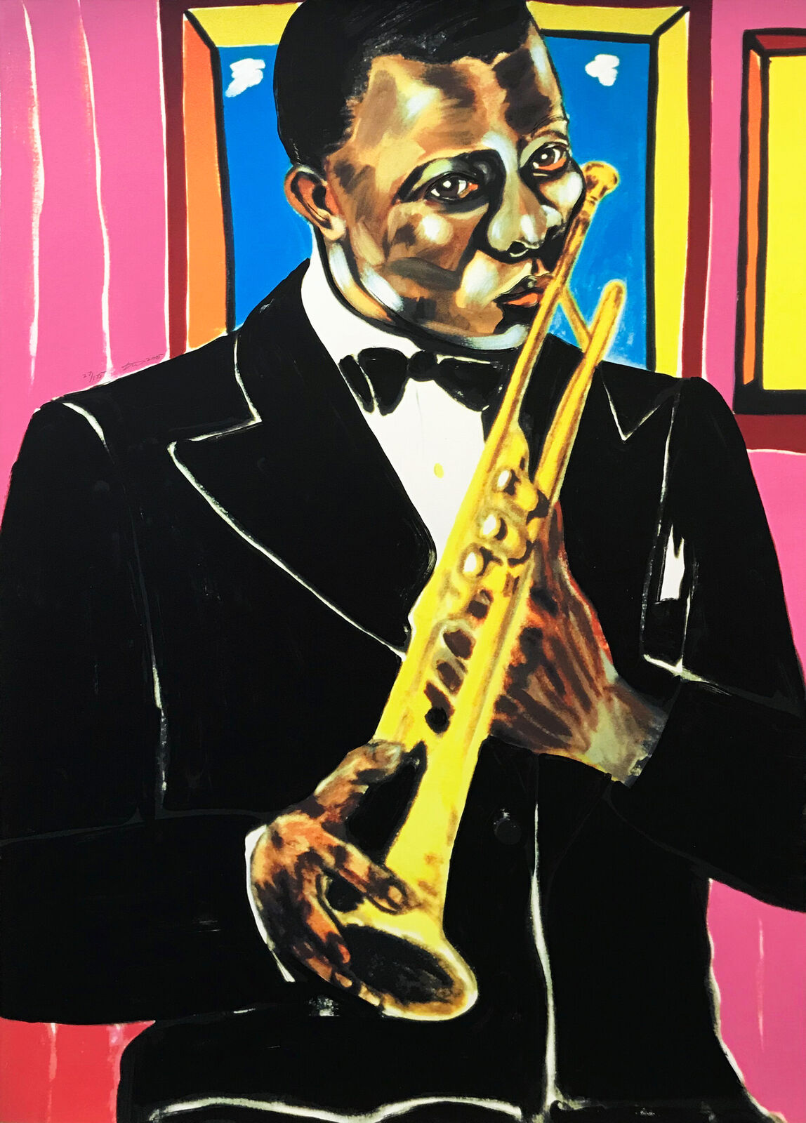 A painting of a man in a tuxedo playing a trumpet.