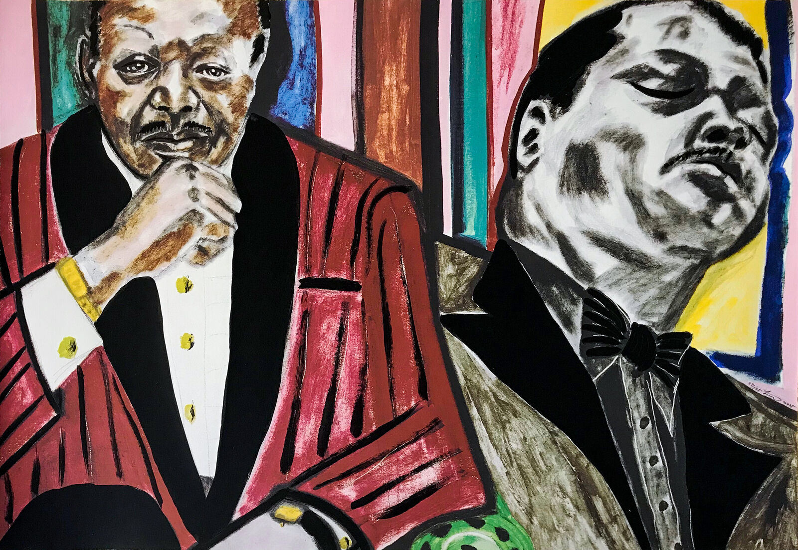 A painting of two men in tuxedos sitting next to each other.