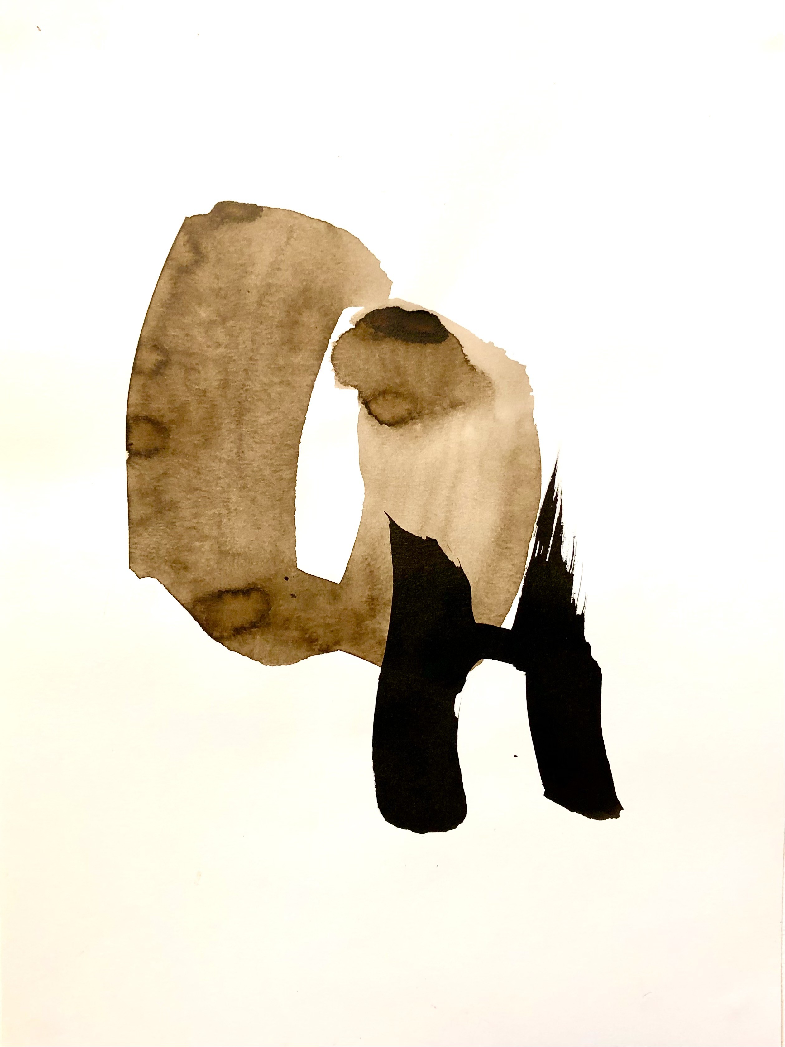 A minimalist composition featuring a large, textured letter 'a' formed by layered ink washes on white paper.