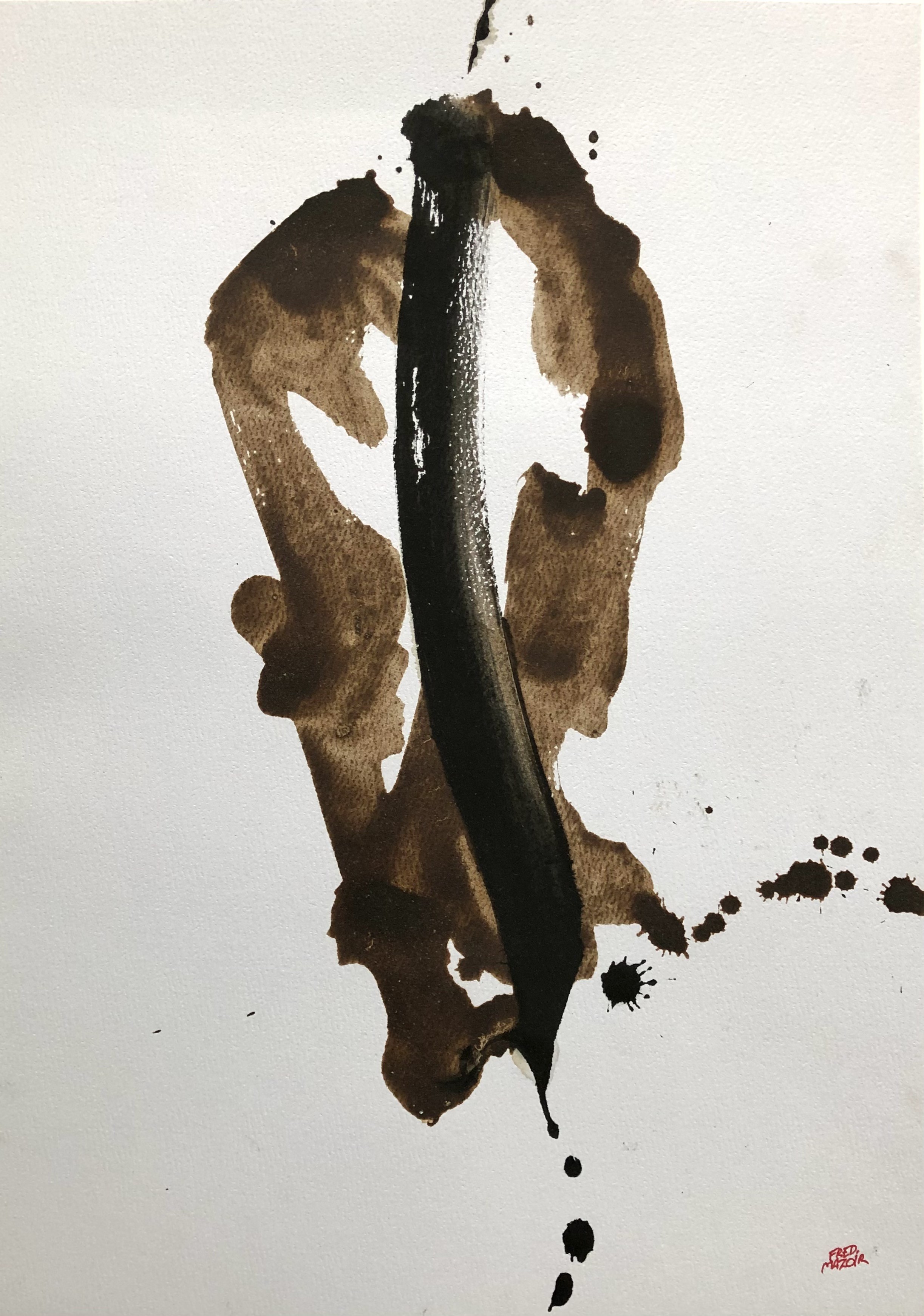 A black and brown ink painting on a white paper.