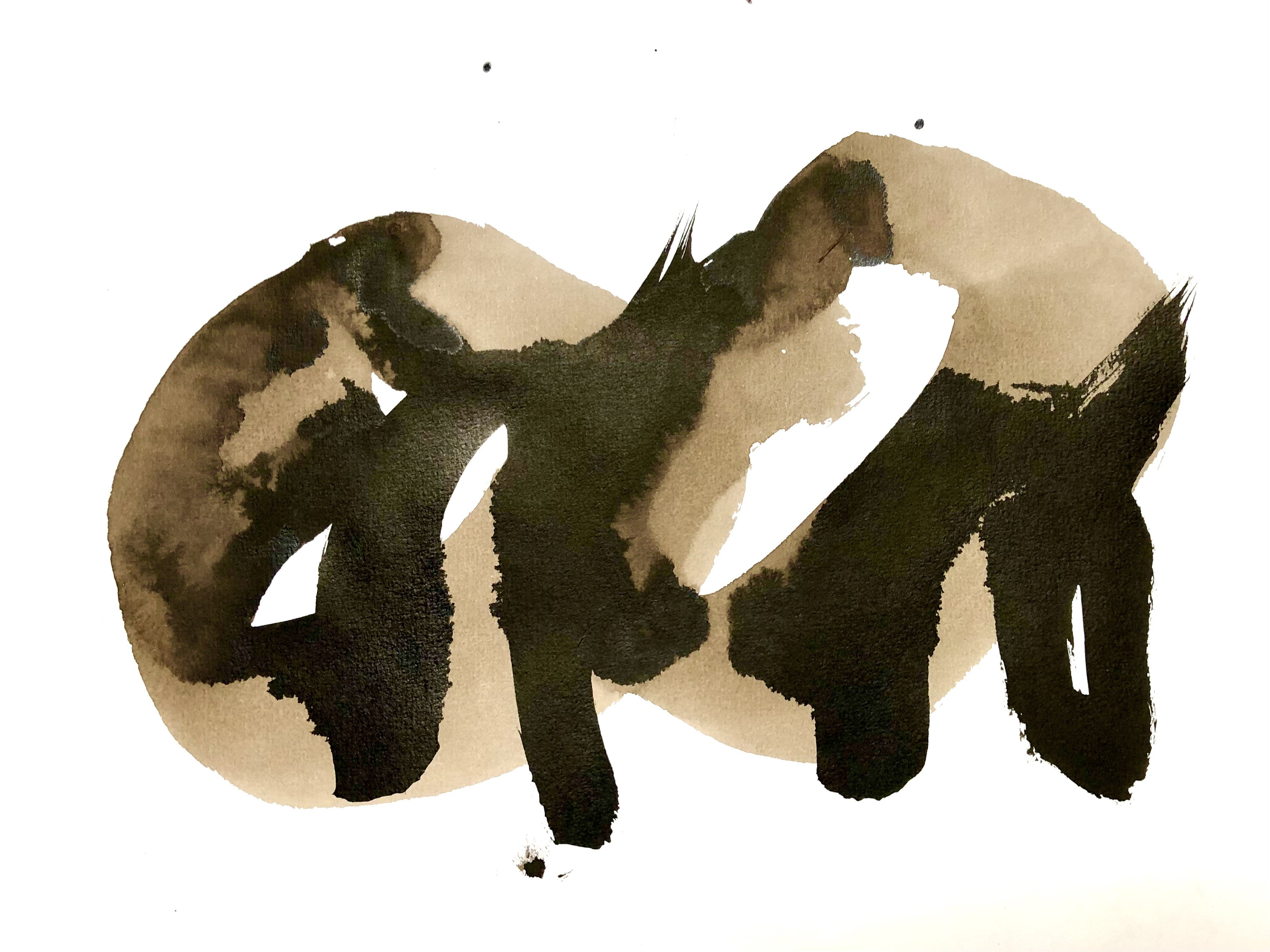 A black and white painting of the word "love" written in black ink.